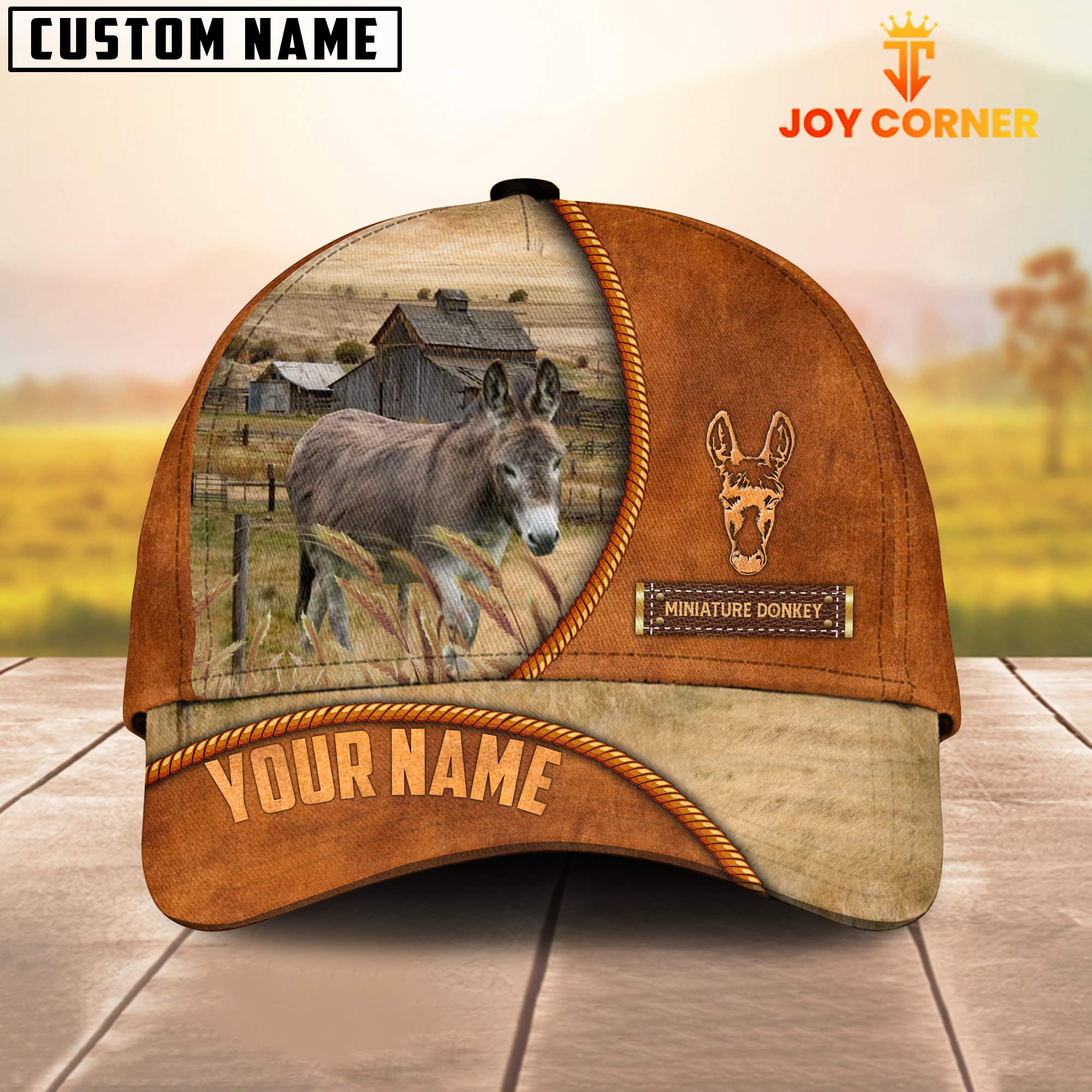 Custom Name Miniature Donkey Leather Pattern Cap