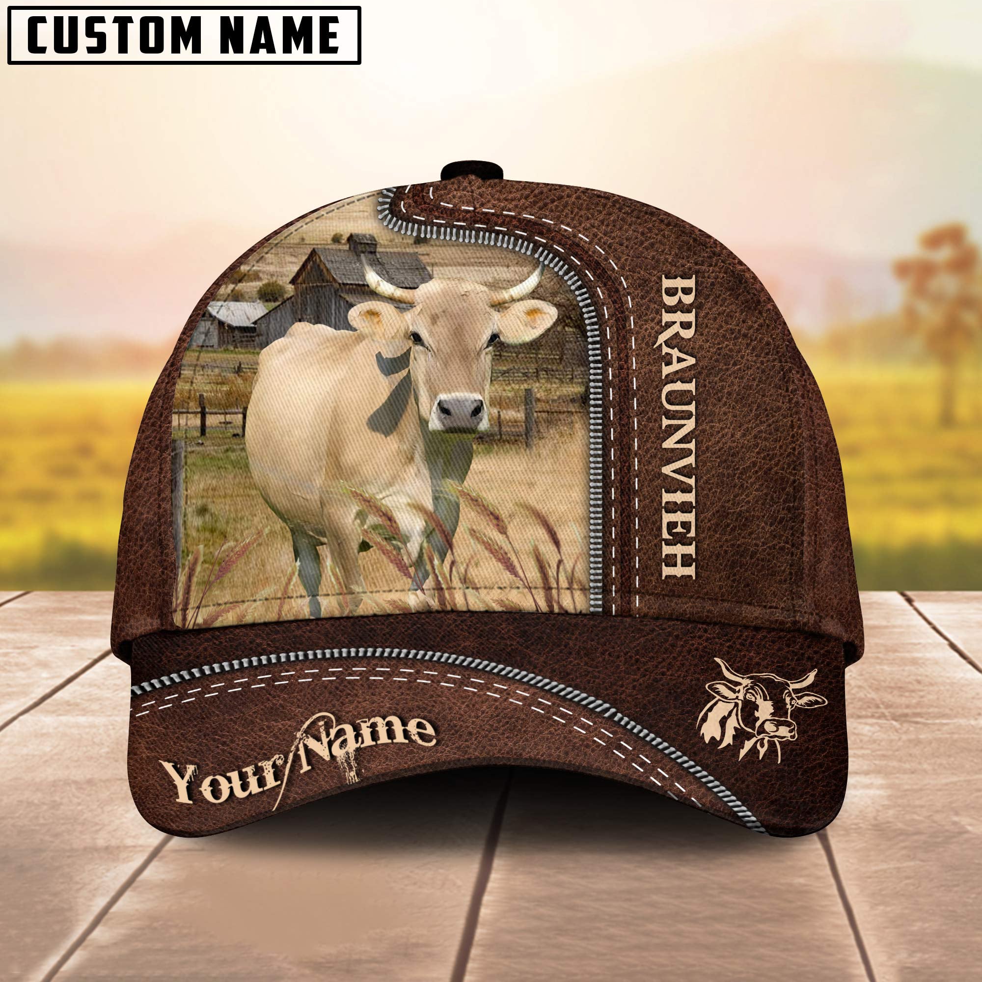 Braunvieh Brownie Customized Name Leather Pattern Cap