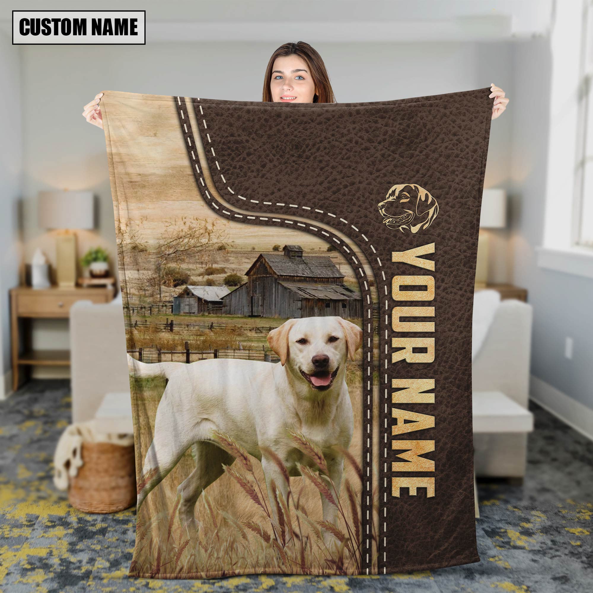 Personalized Name Labrador Retriever Leather Pattern Blanket