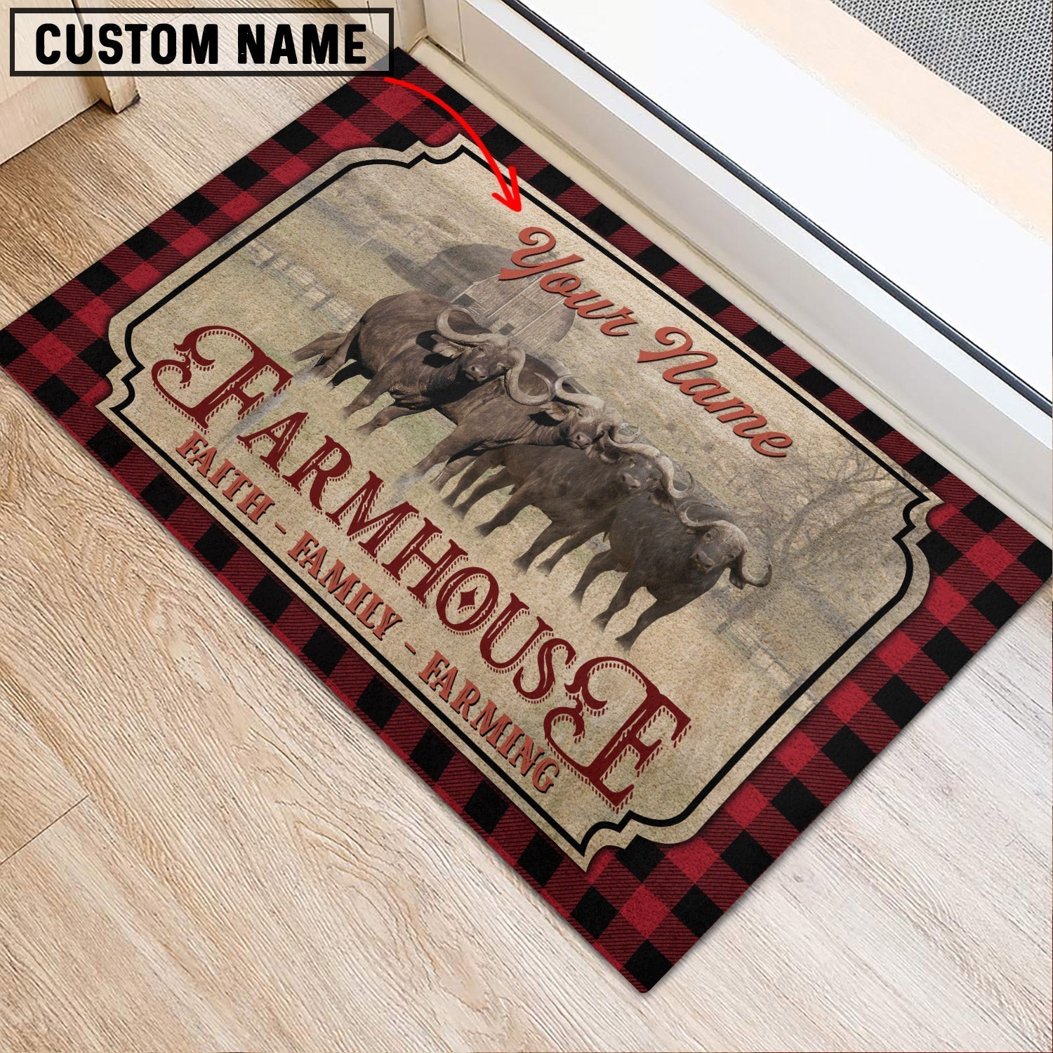Buffalo Faith Family Farming Custom Name Doormat