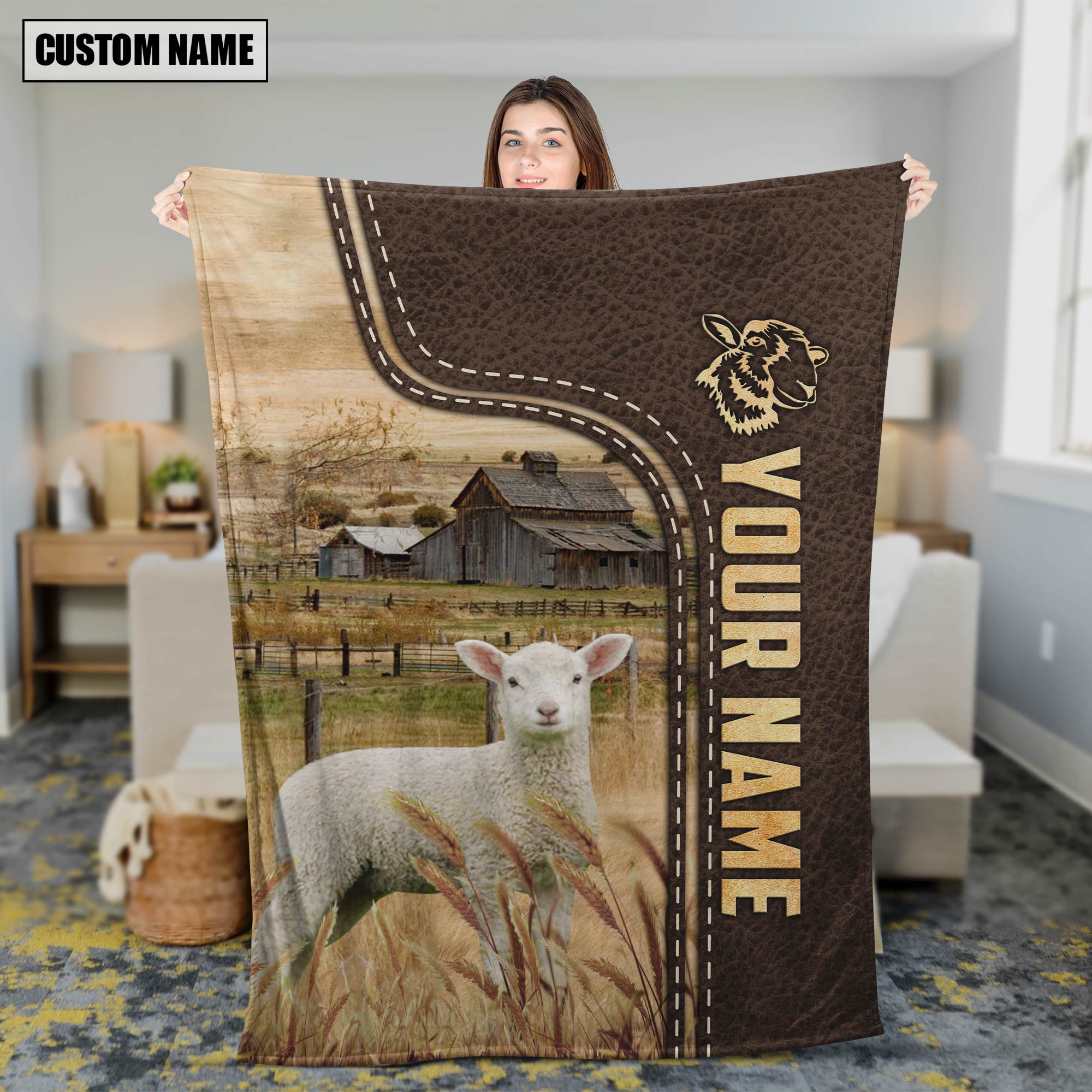 Personalized Name Lambs Leather Pattern Blanket