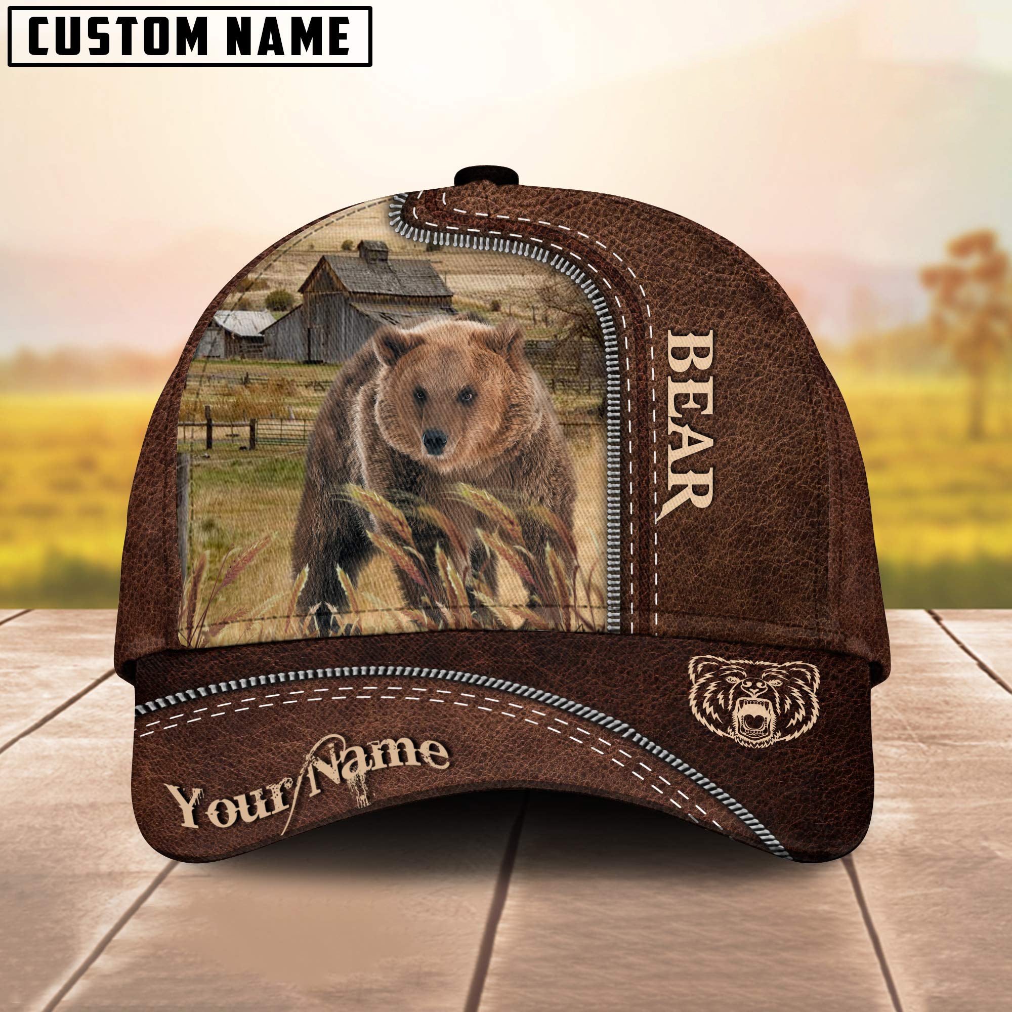 Bear Customized Name Leather Pattern Cap