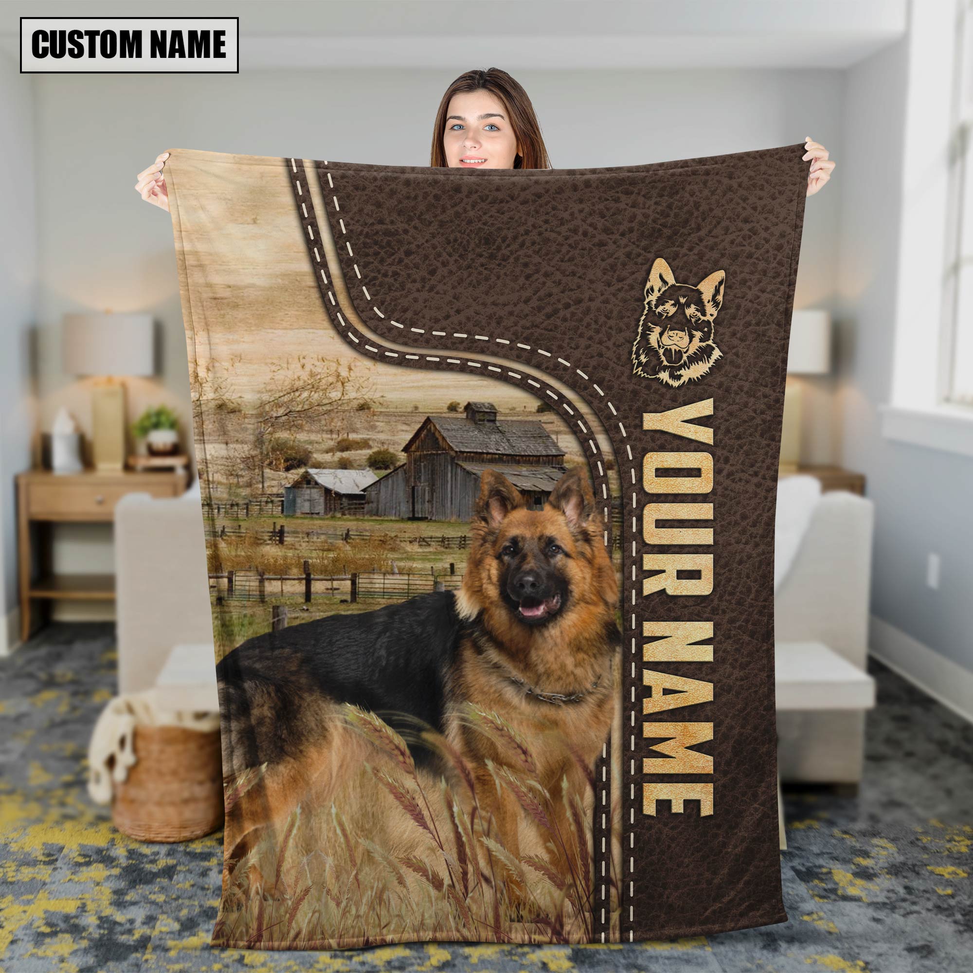 Personalized Name German Shepherd Leather Pattern Blanket