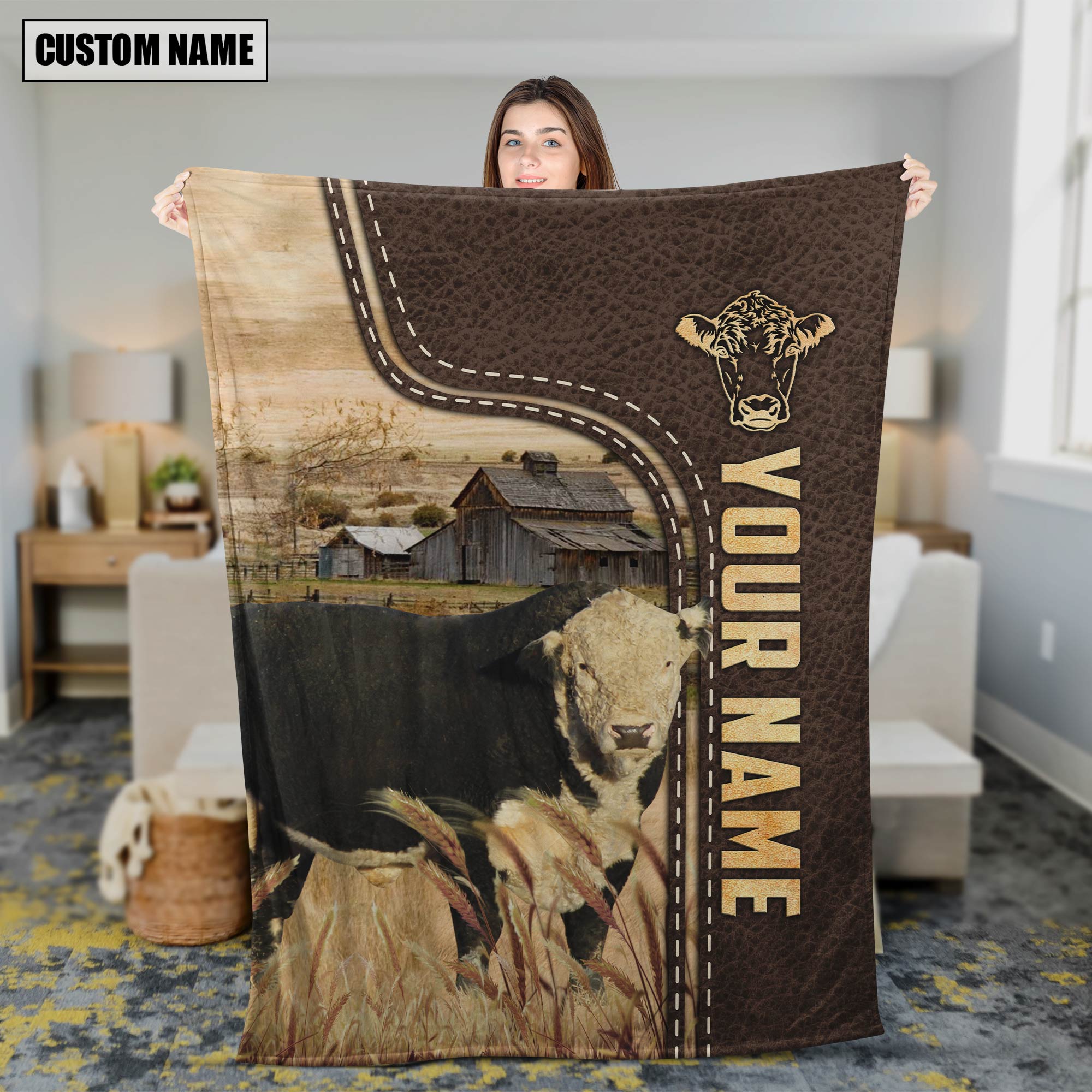 Personalized Name Black Hereford Leather Pattern Blanket