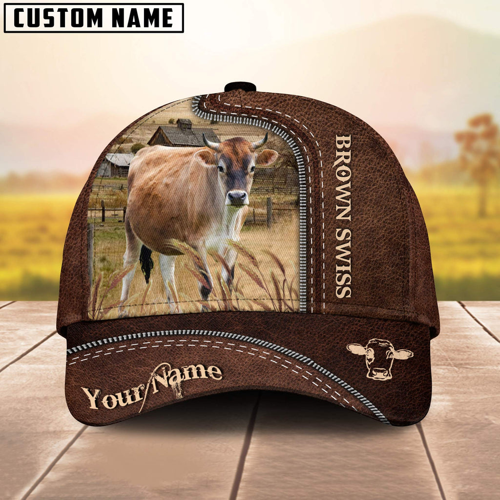 Brown Swiss Customized Name Leather Pattern Cap