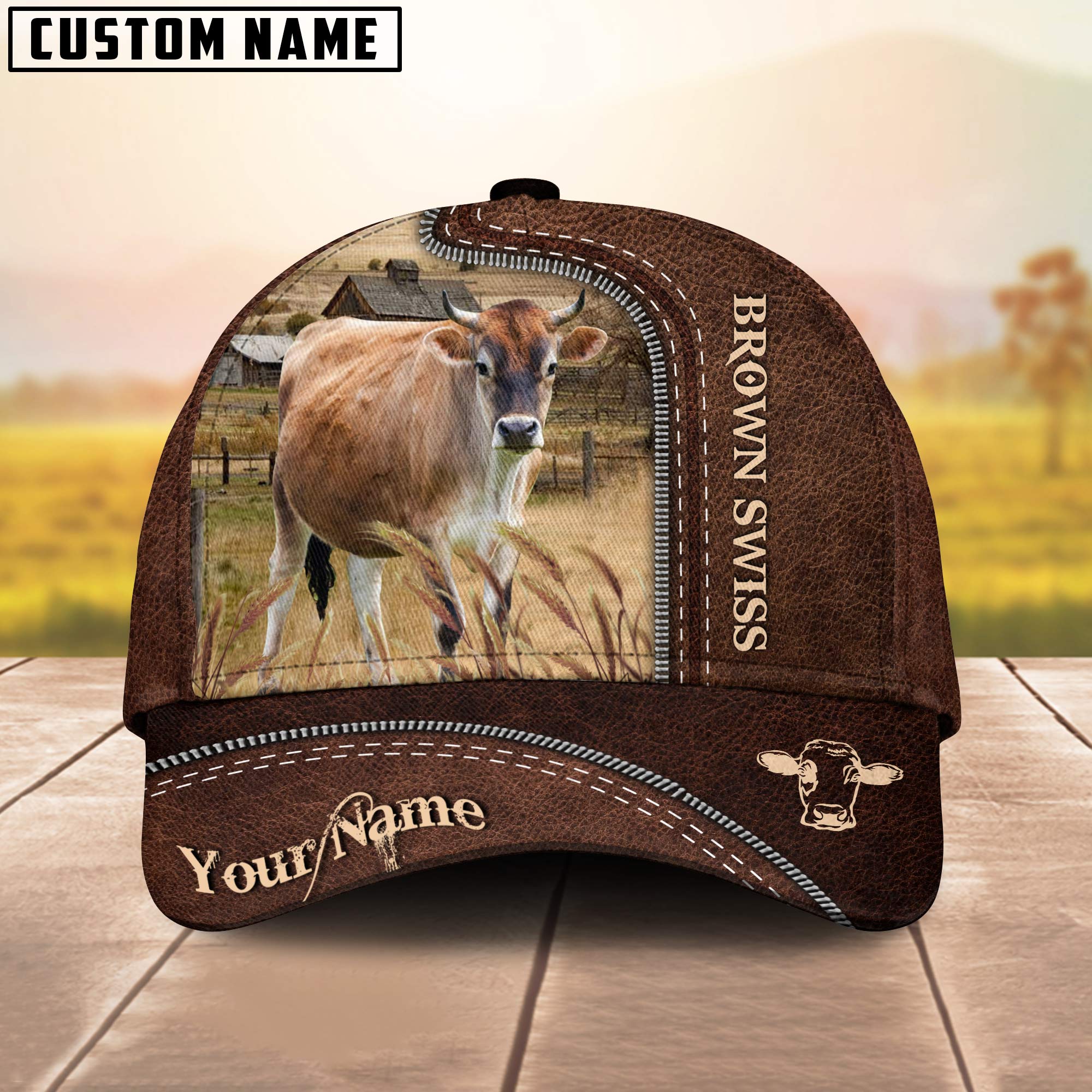 Brown Swiss Customized Name Leather Pattern Cap