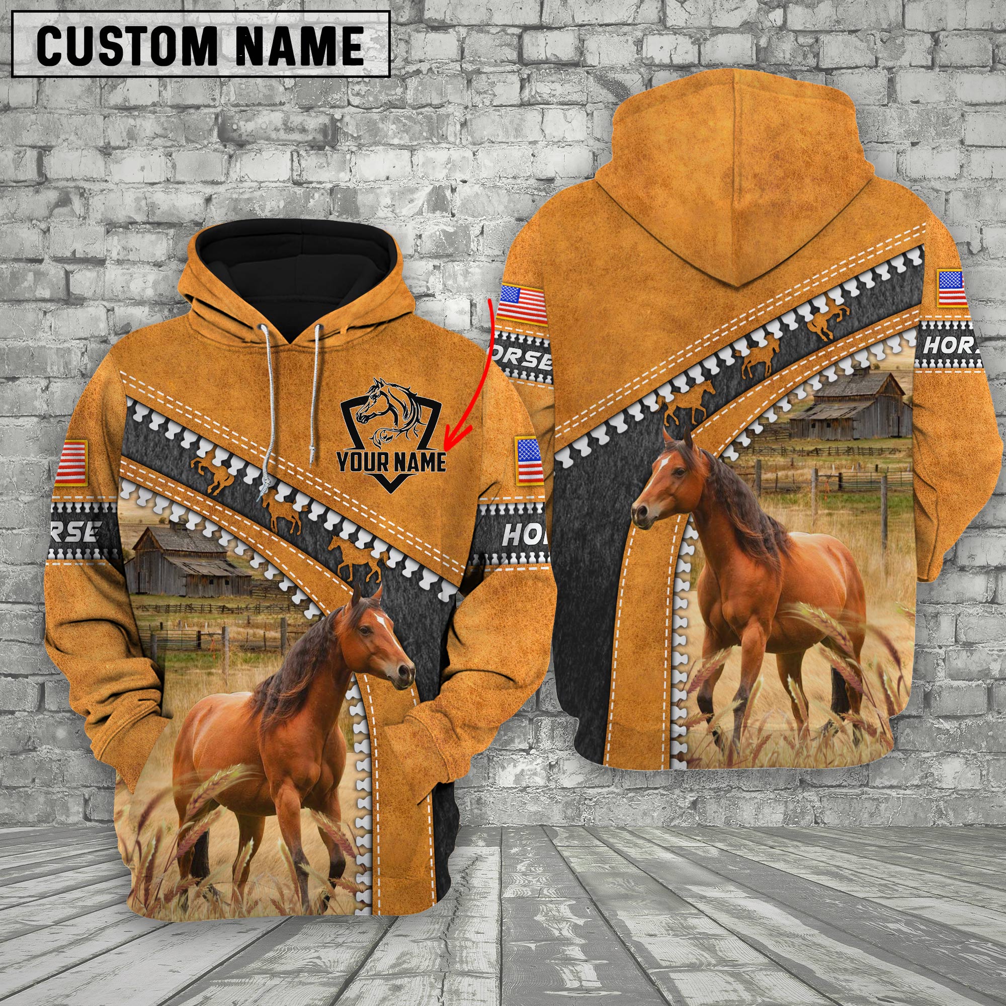 Custom Name Farm Brown Horse Leather Zip Pattern 3D Shirts