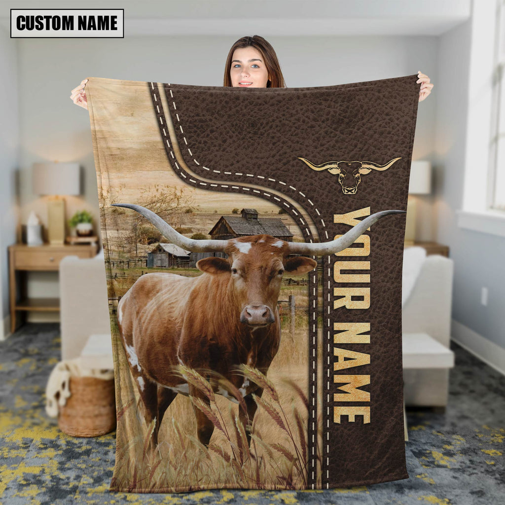Personalized Name Texas Longhorn Leather Pattern Blanket