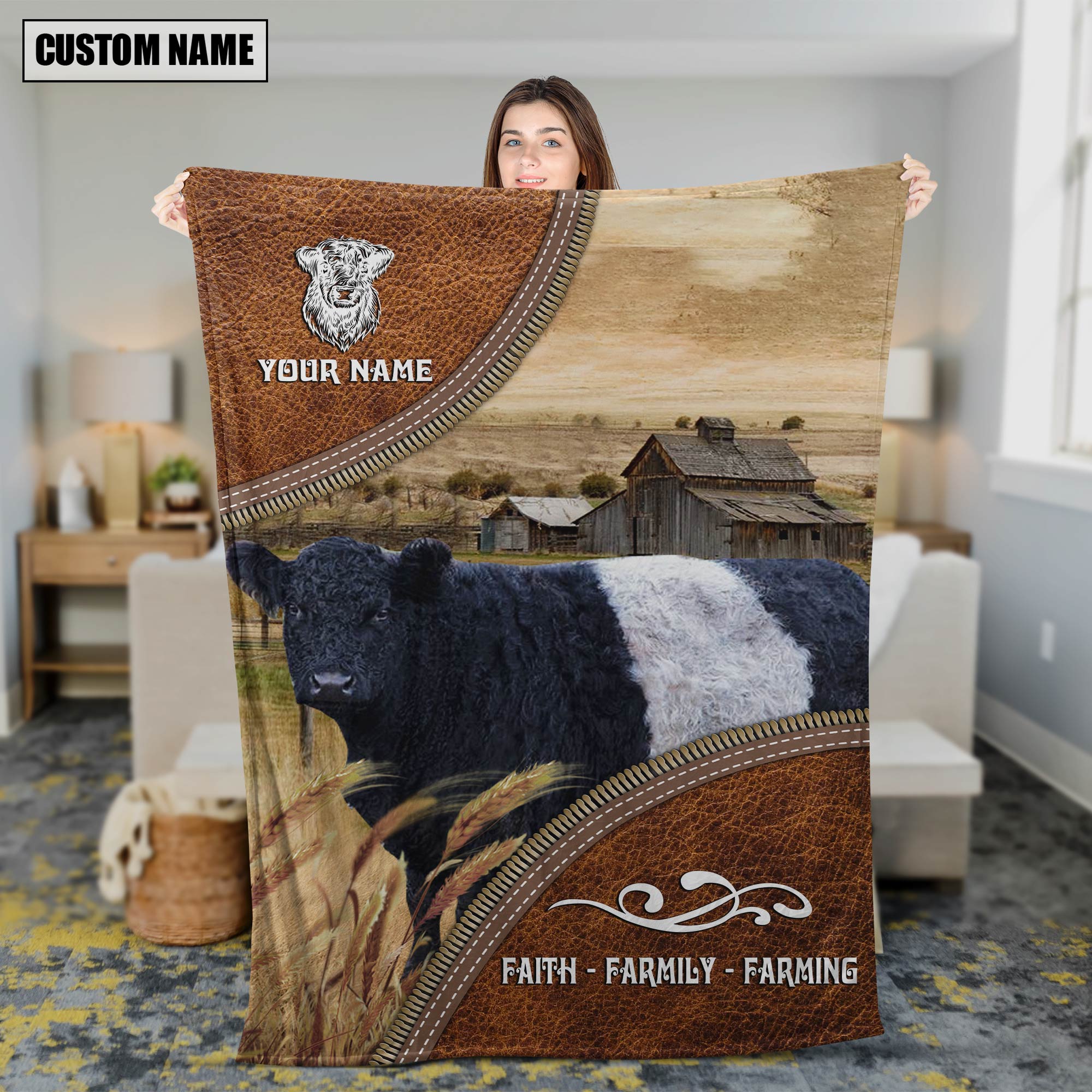 Personalized Name Belted Galloway Faith Family Farming Blanket