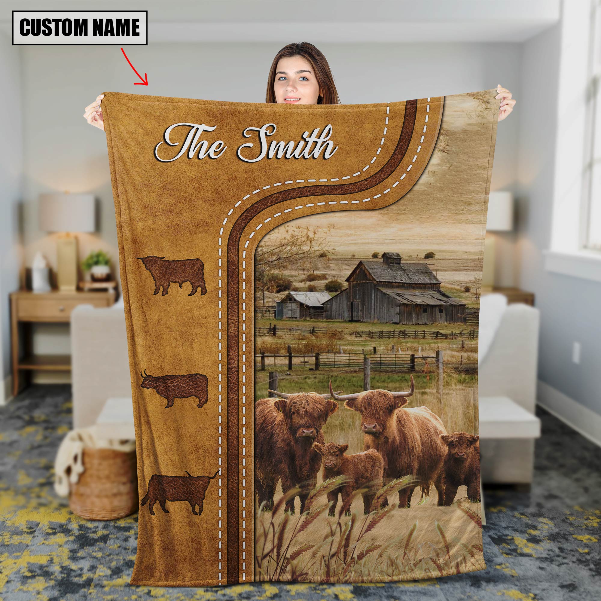 Personalized Highland Cattle In Field Farmhouse Blanket