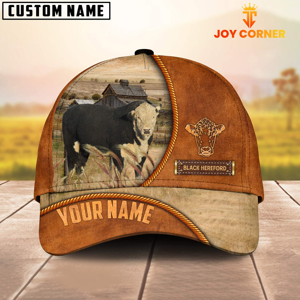 Custom Name Black Hereford Leather Pattern Cap TT10