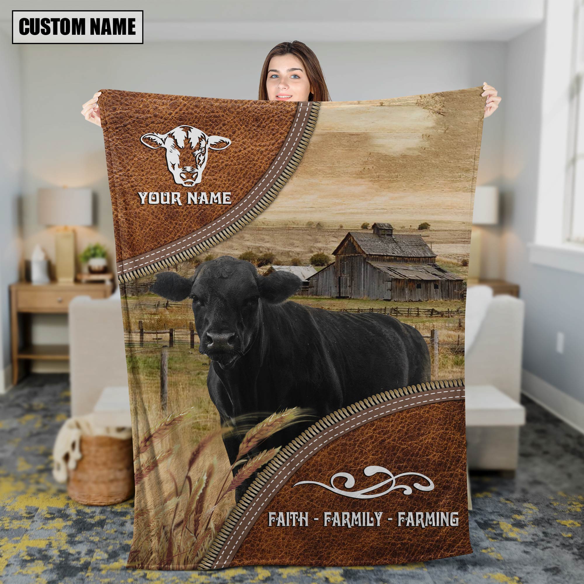 Personalized Name Black Angus Faith Family Farming Blanket