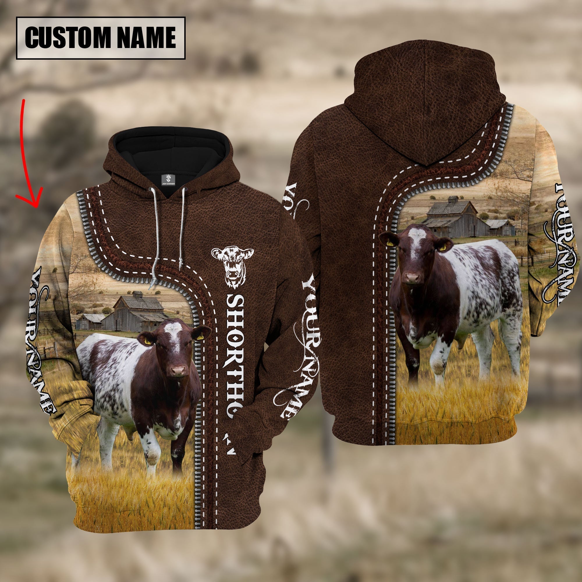 Shorthorn Farming Leather Pattern Personalized 3D Hoodie