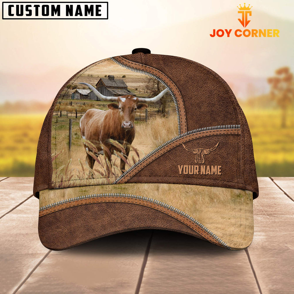 Texas Longhorn Zipper Leather Pattern Customized Name Cap