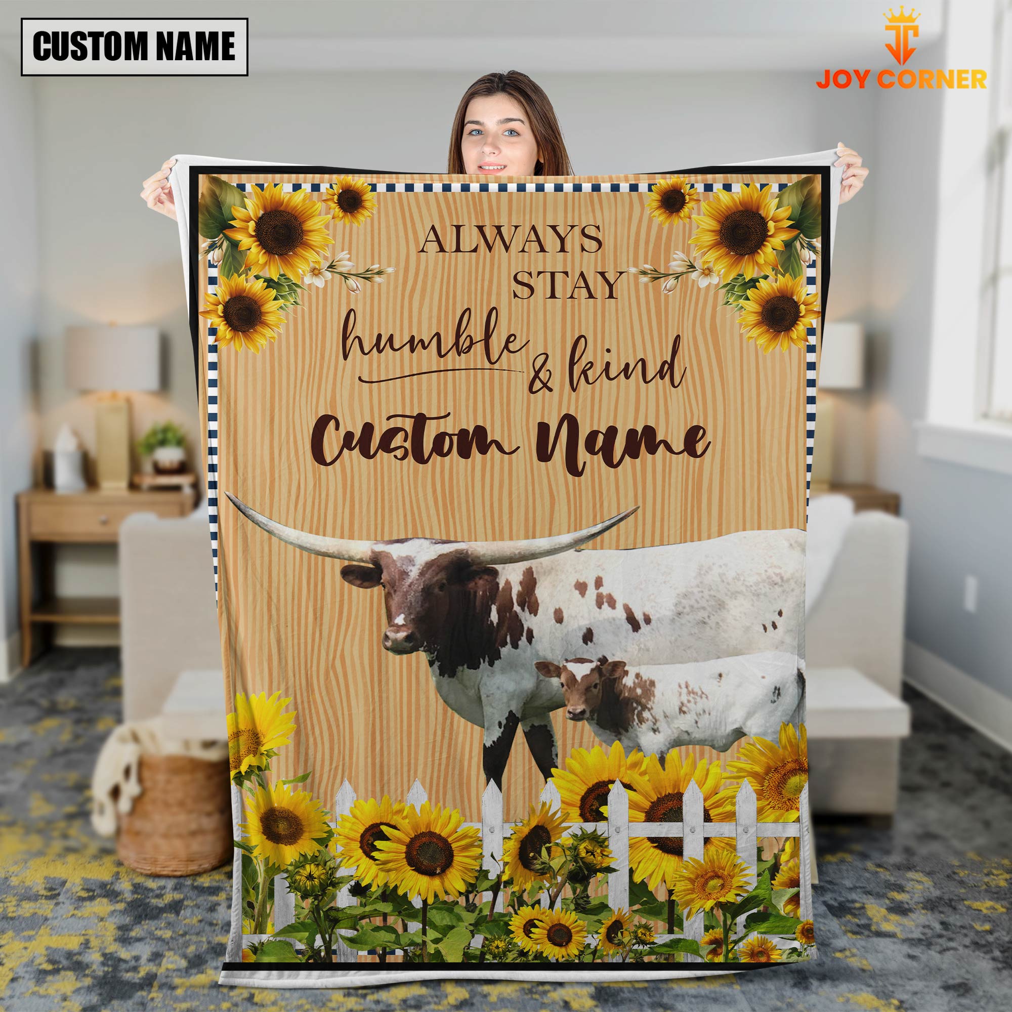Texas Longhorn Custom Name - Always Stay Humble and Kind Blanket