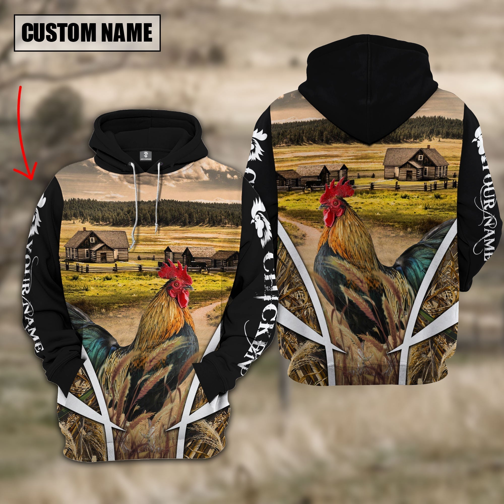Chicken Custom Name Meadow Pattern Black Hoodie