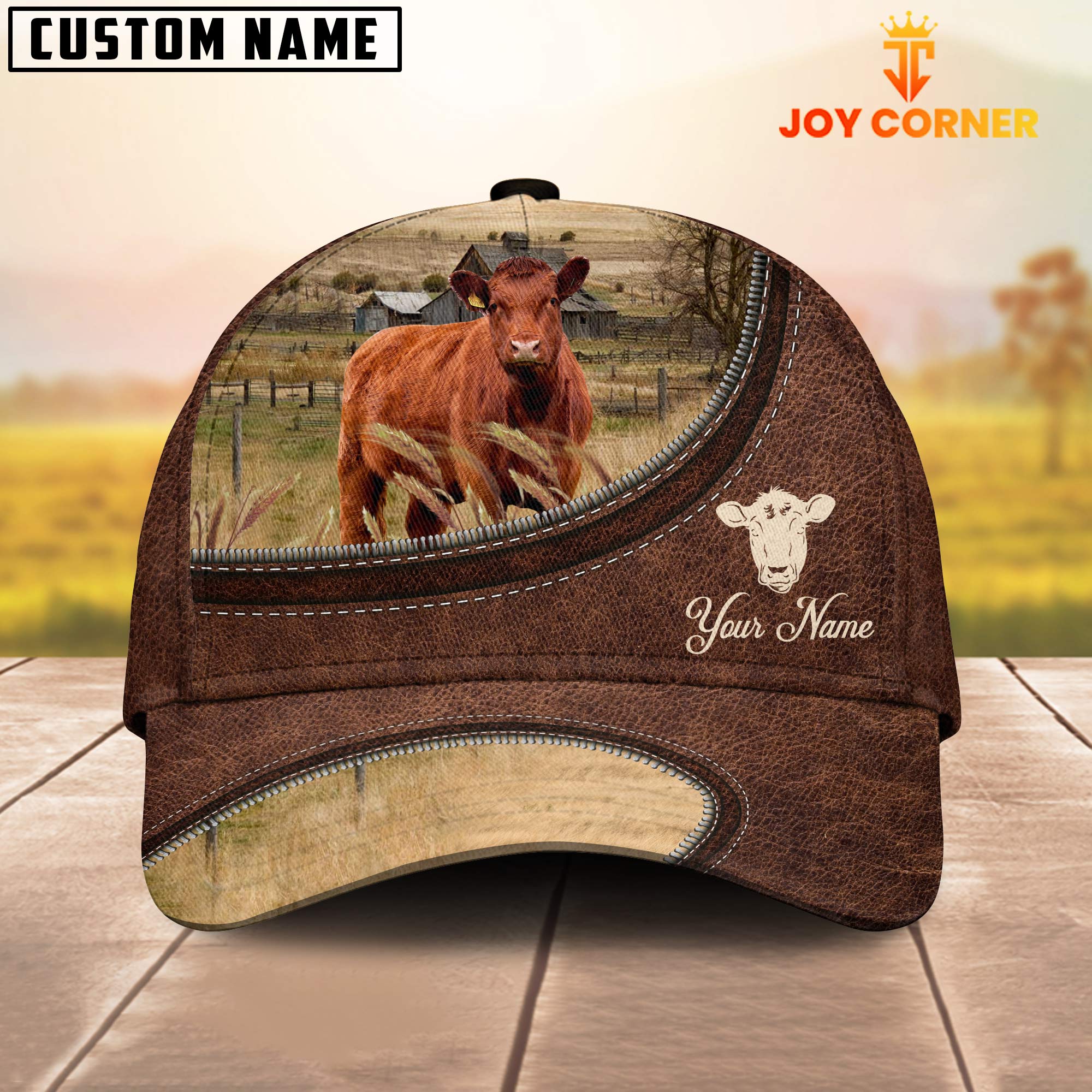 Red Angus On The Farm Customized Name Leather Pattern Cap