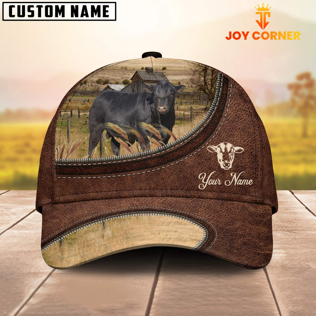 Black Sim Angus On The Farm Customized Name Leather Pattern Cap