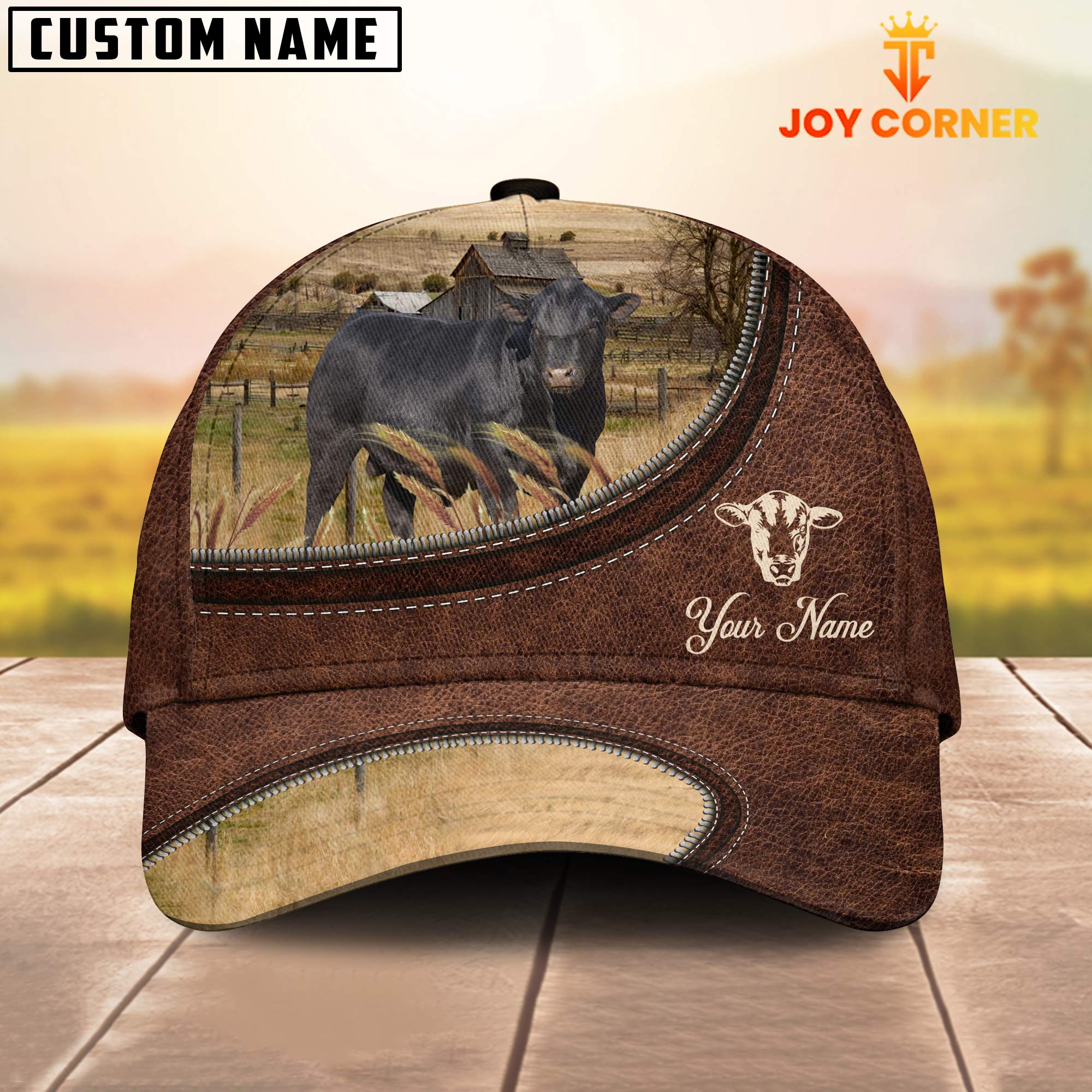 Black Sim Angus On The Farm Customized Name Leather Pattern Cap