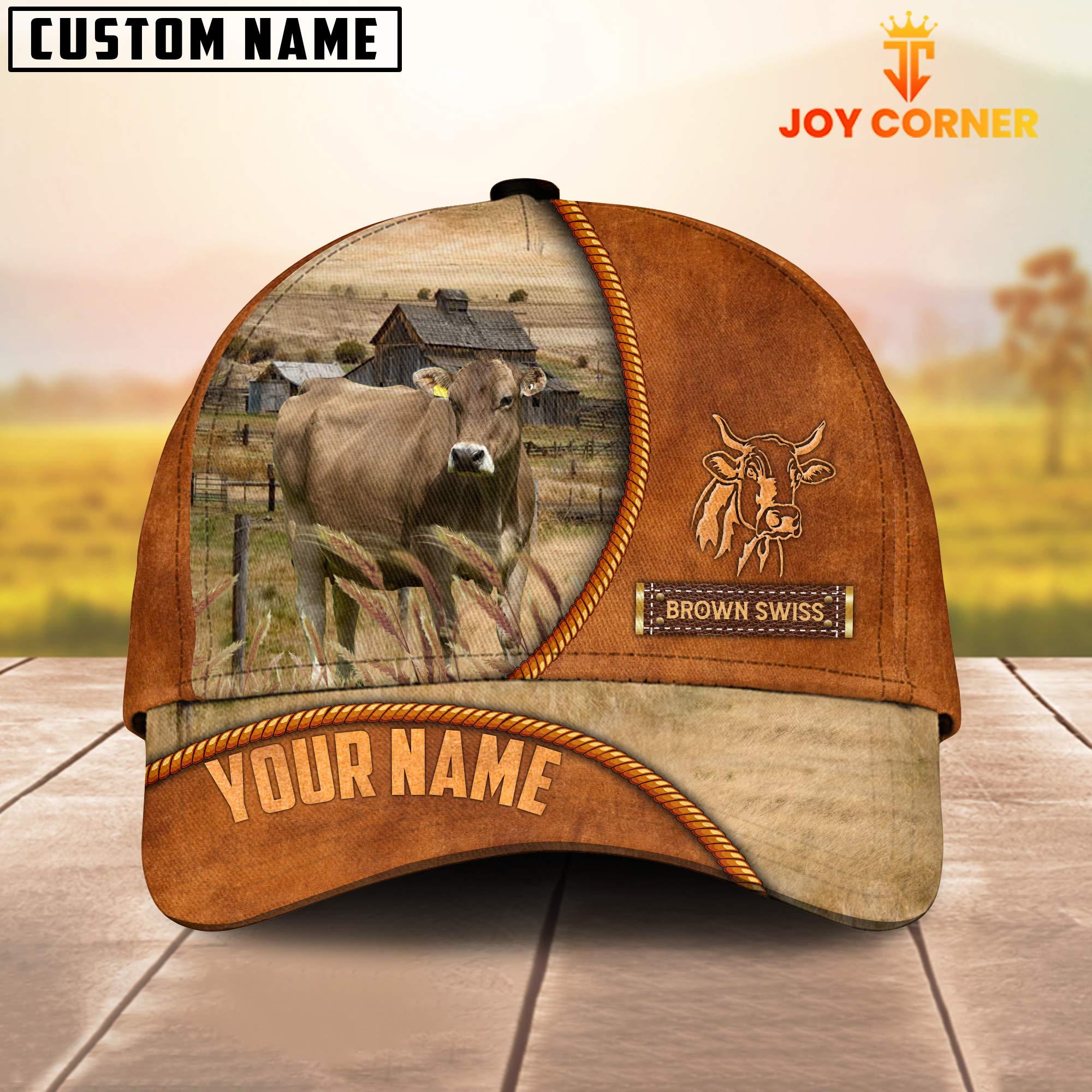 Custom Name Brown Swiss Leather Pattern Cap