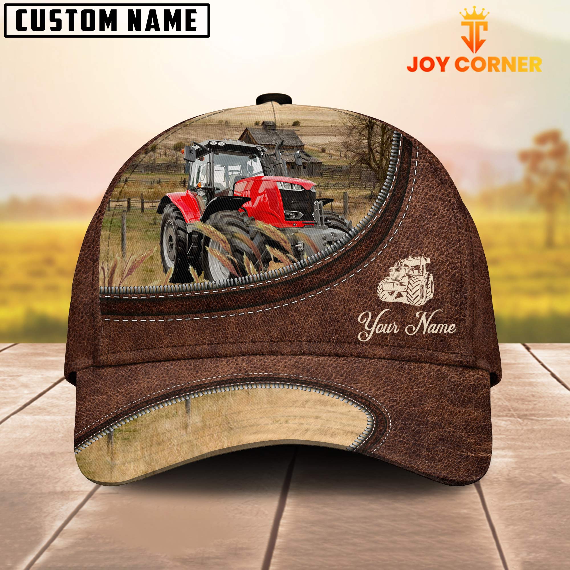 Red Tractor On The Farm Customized Name Leather Pattern Cap