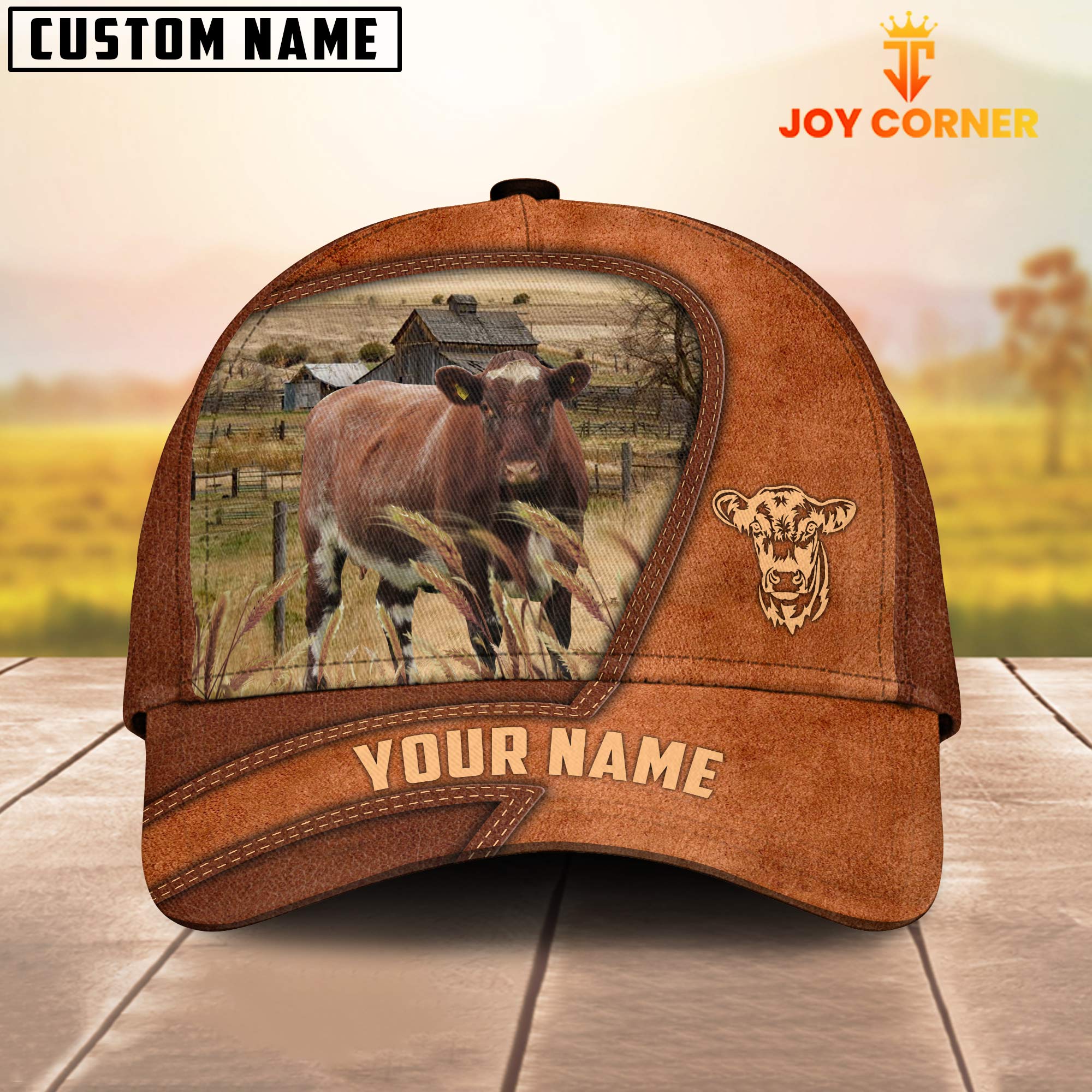 Shorthorn Customized Name Brown Leather Pattern Cap