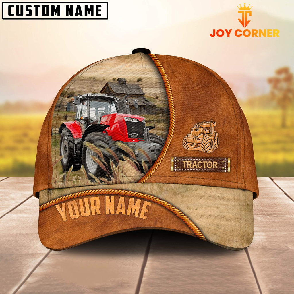 Custom Name Red Tractor Leather Pattern Cap TT14