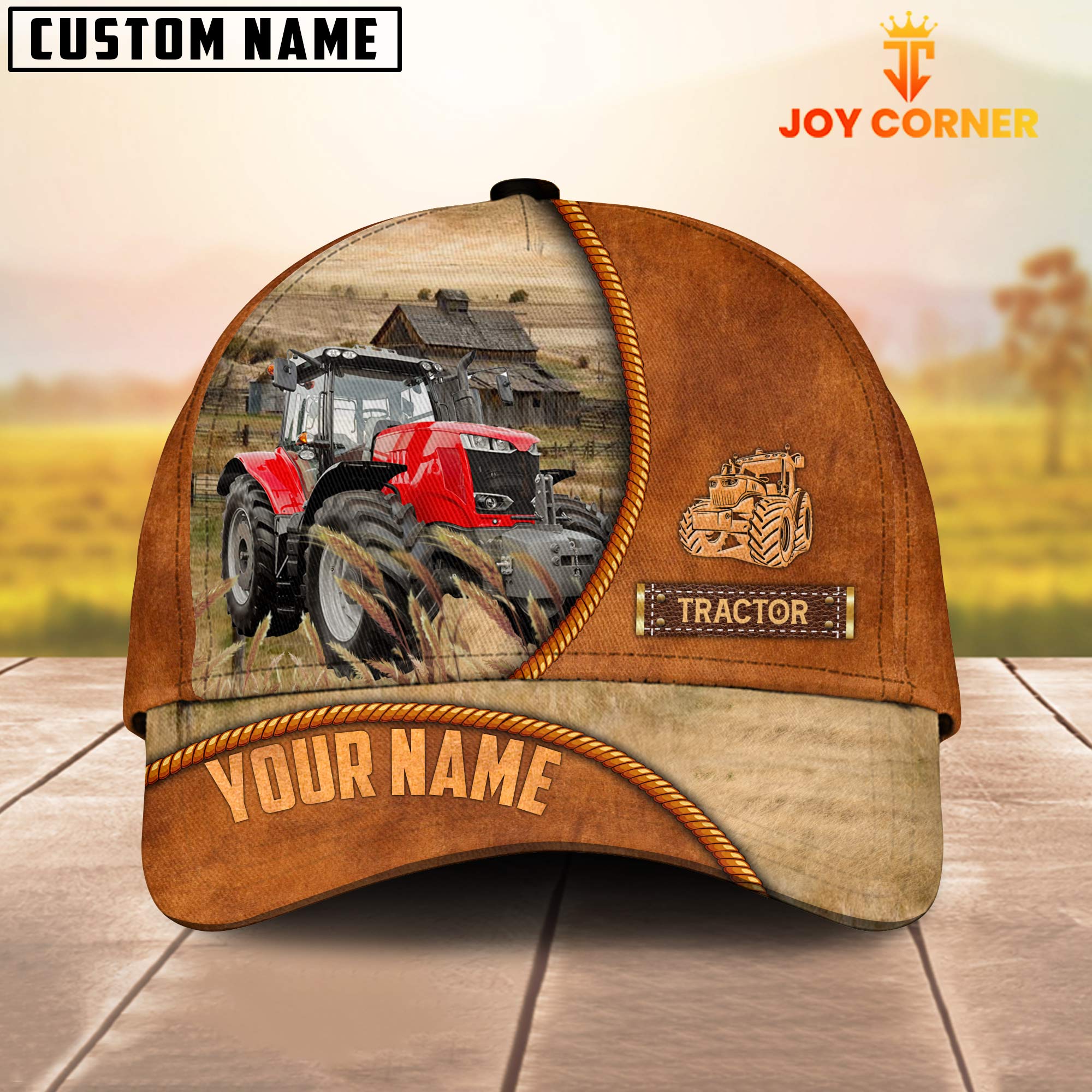 Custom Name Red Tractor Leather Pattern Cap TT14