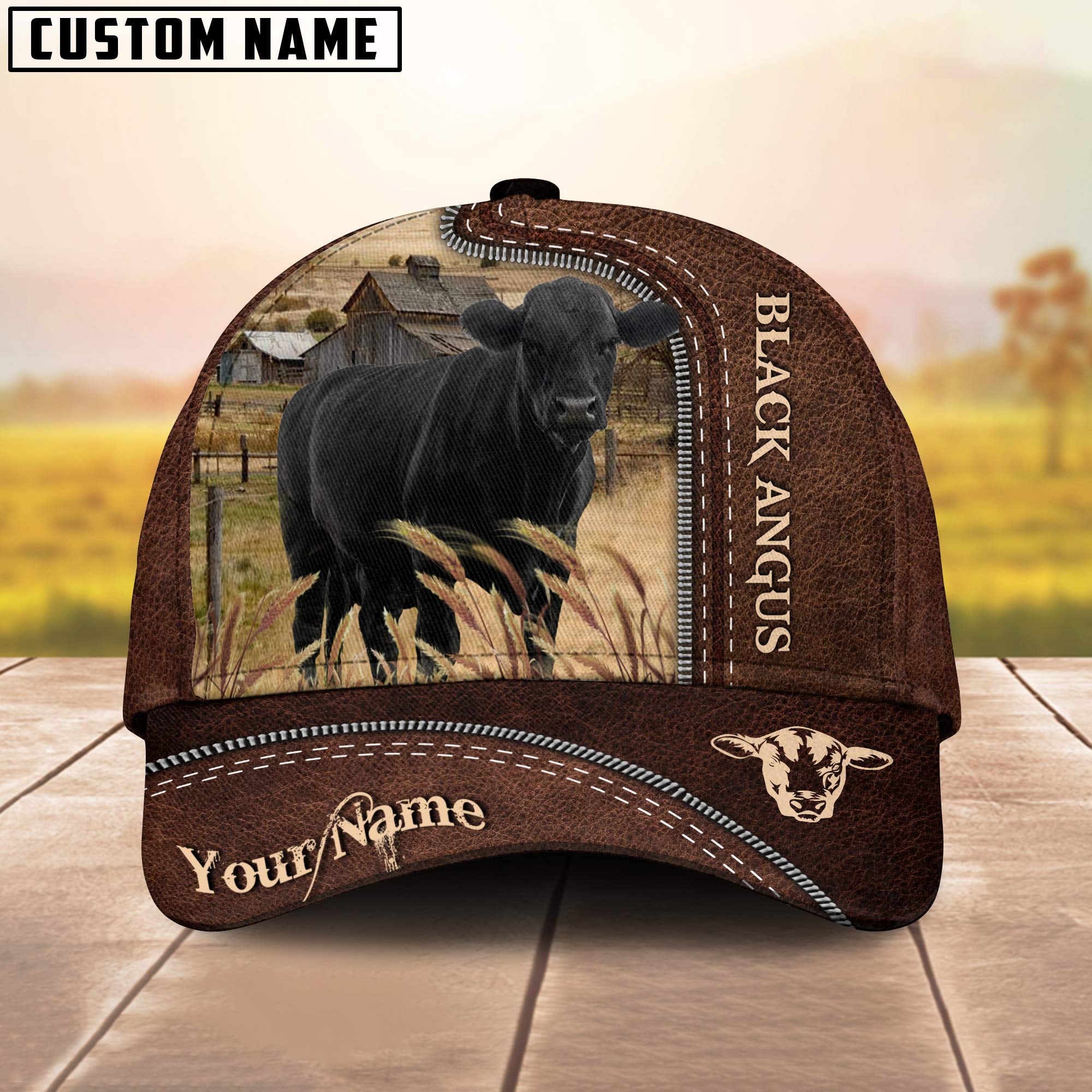 Black Angus Customized Name Leather Pattern Cap