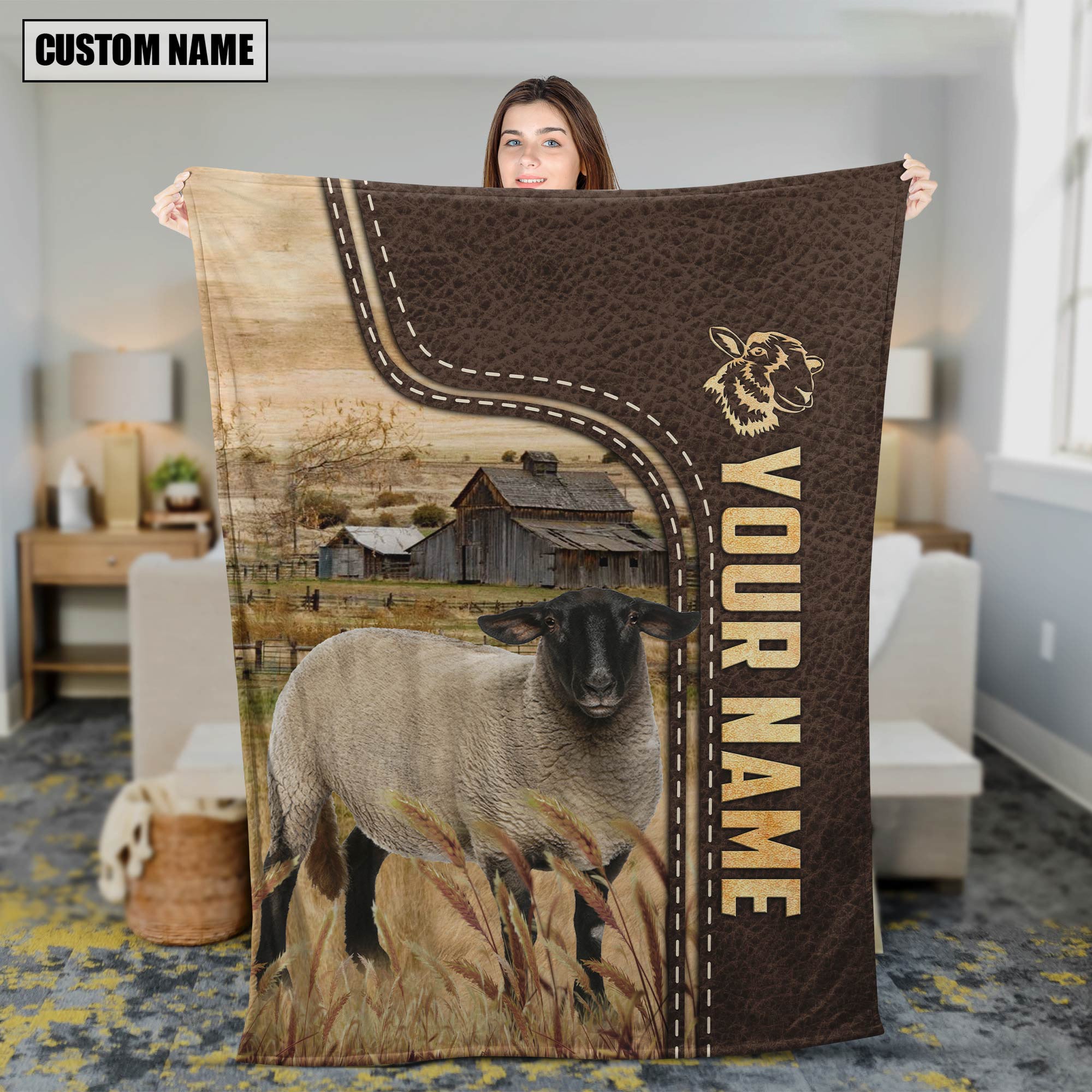 Personalized Name Suffolk Sheep Leather Pattern Blanket