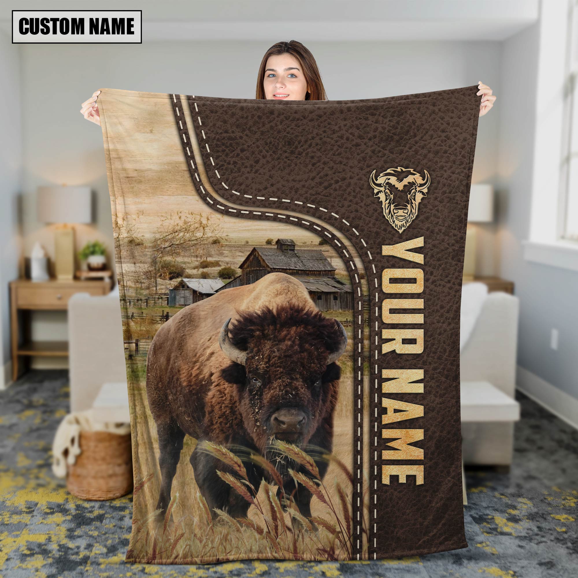 Personalized Name Buffalo Leather Pattern Blanket