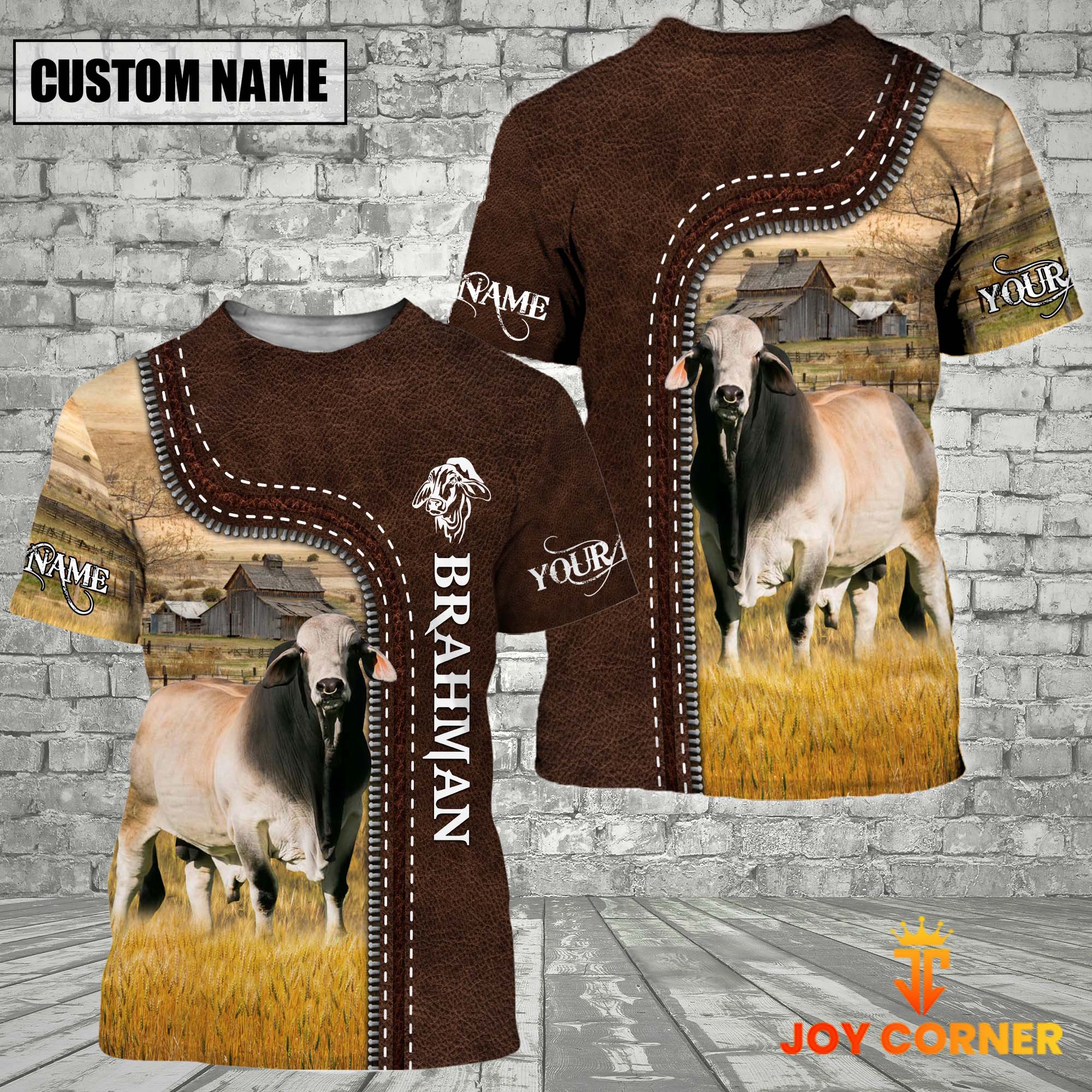Brahman Farm Custom Name Leather Pattern T-Shirt