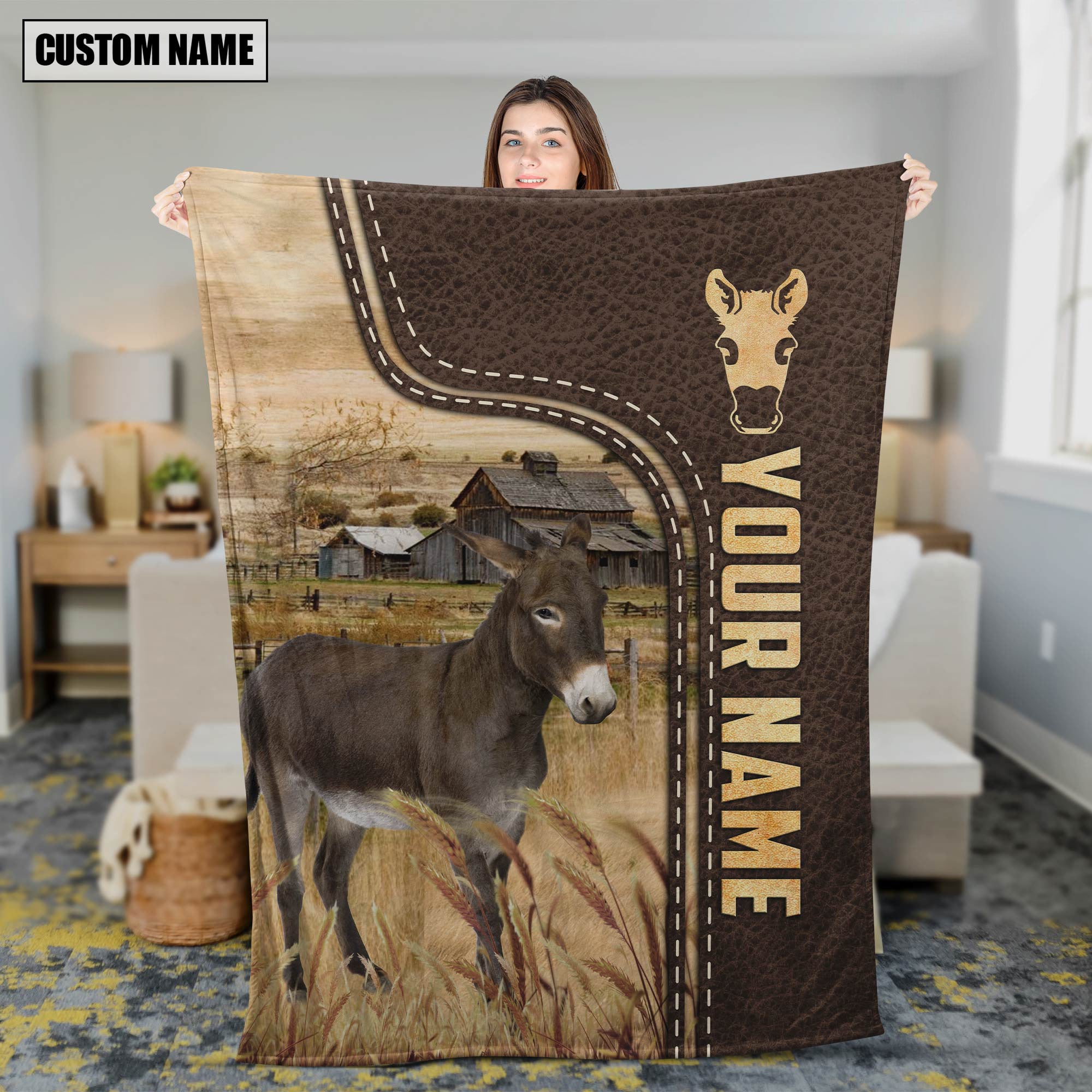 Personalized Name Donkey Leather Pattern Blanket