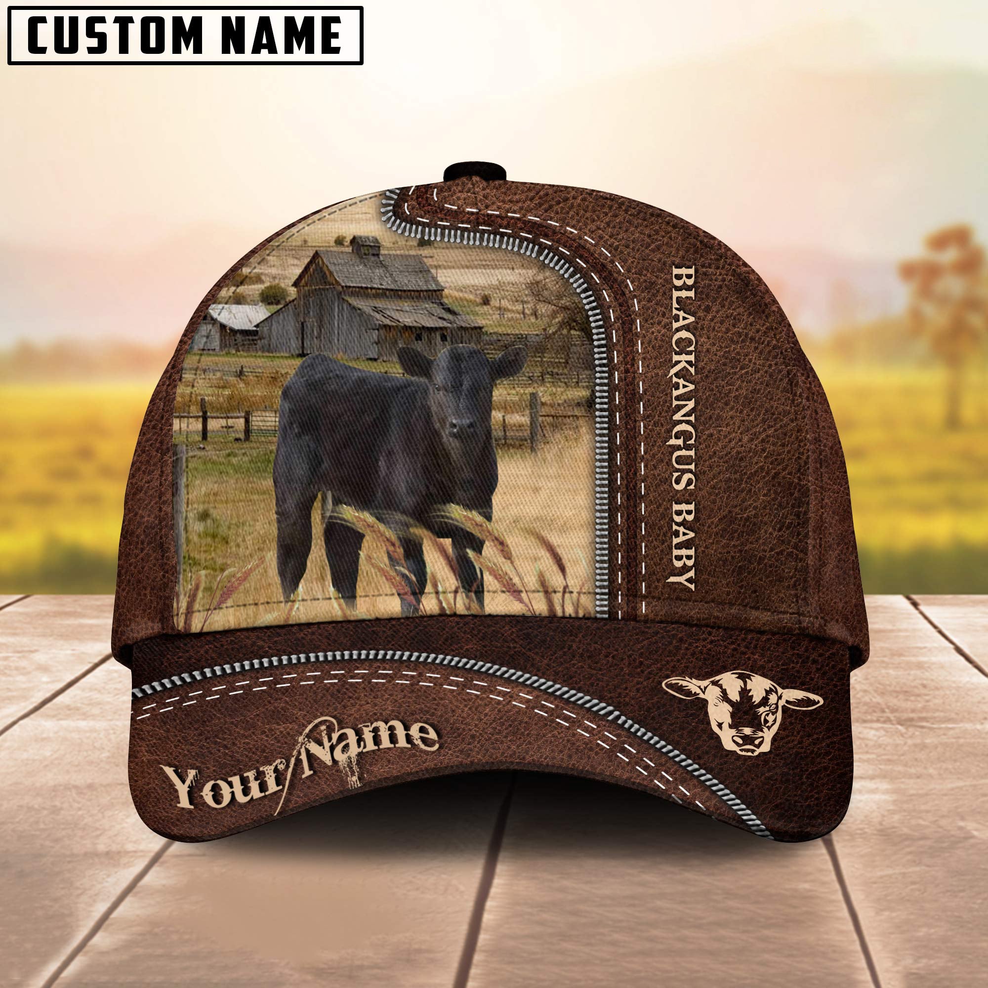 Black Angus 2 Customized Name Leather Pattern Cap