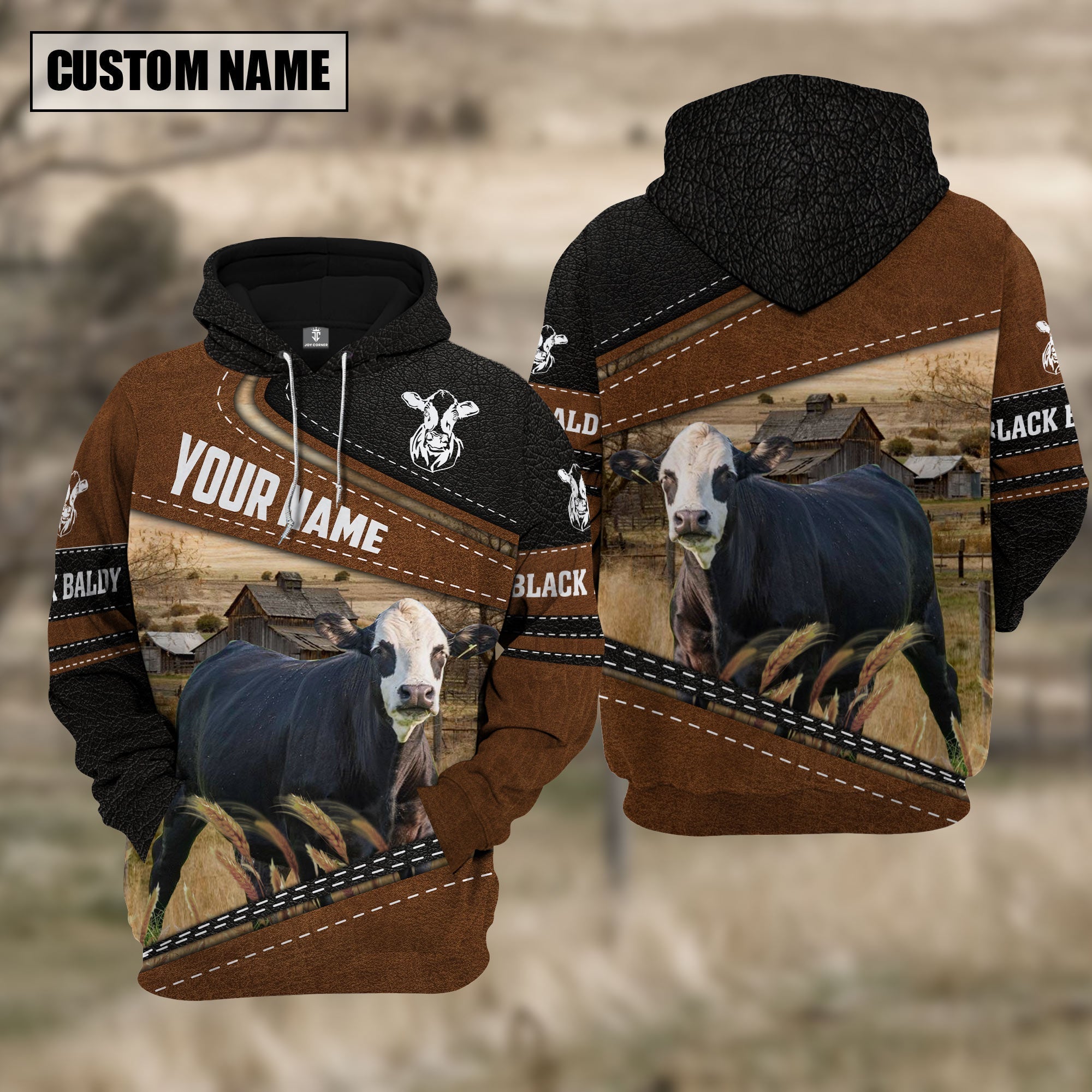 Black Baldy Cattle Leather Pattern Farm Personalized 3D Hoodie