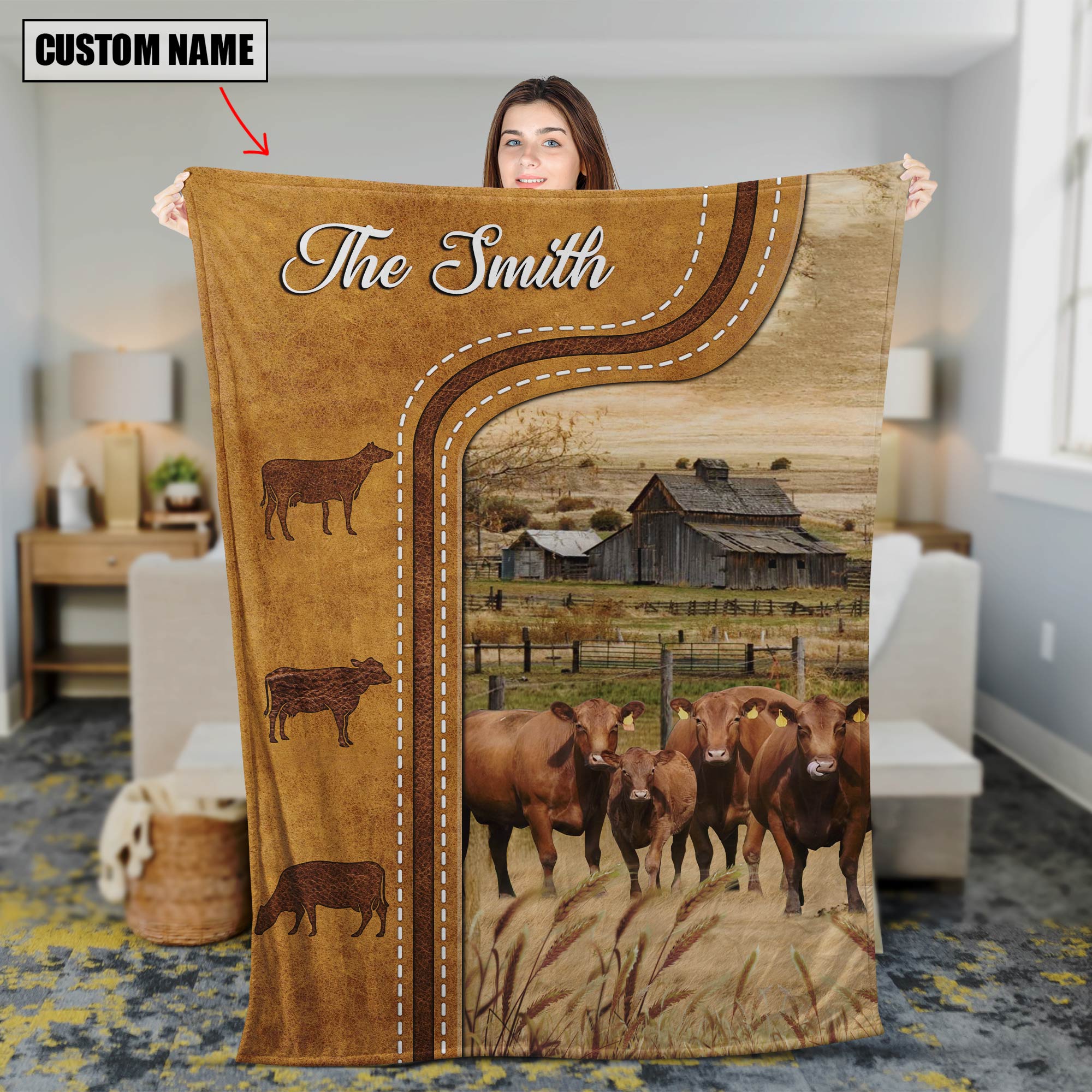 Personalized Red Angus Cattle In Field Farmhouse Blanket