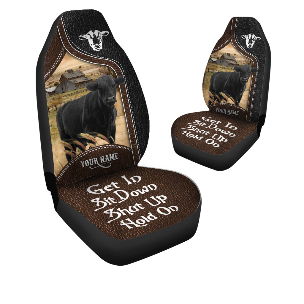 Black Angus Personalized Name Black And Brown Leather Pattern Car Seat Covers Universal Fit (2Pcs)