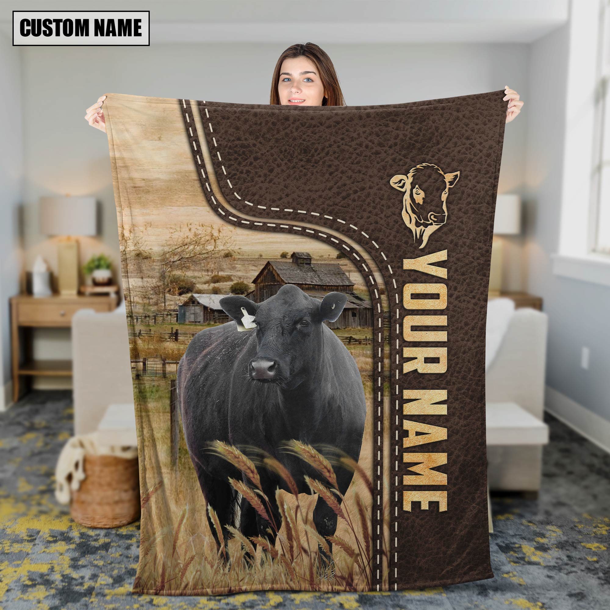 Personalized Name Black Simmental Leather Pattern Blanket