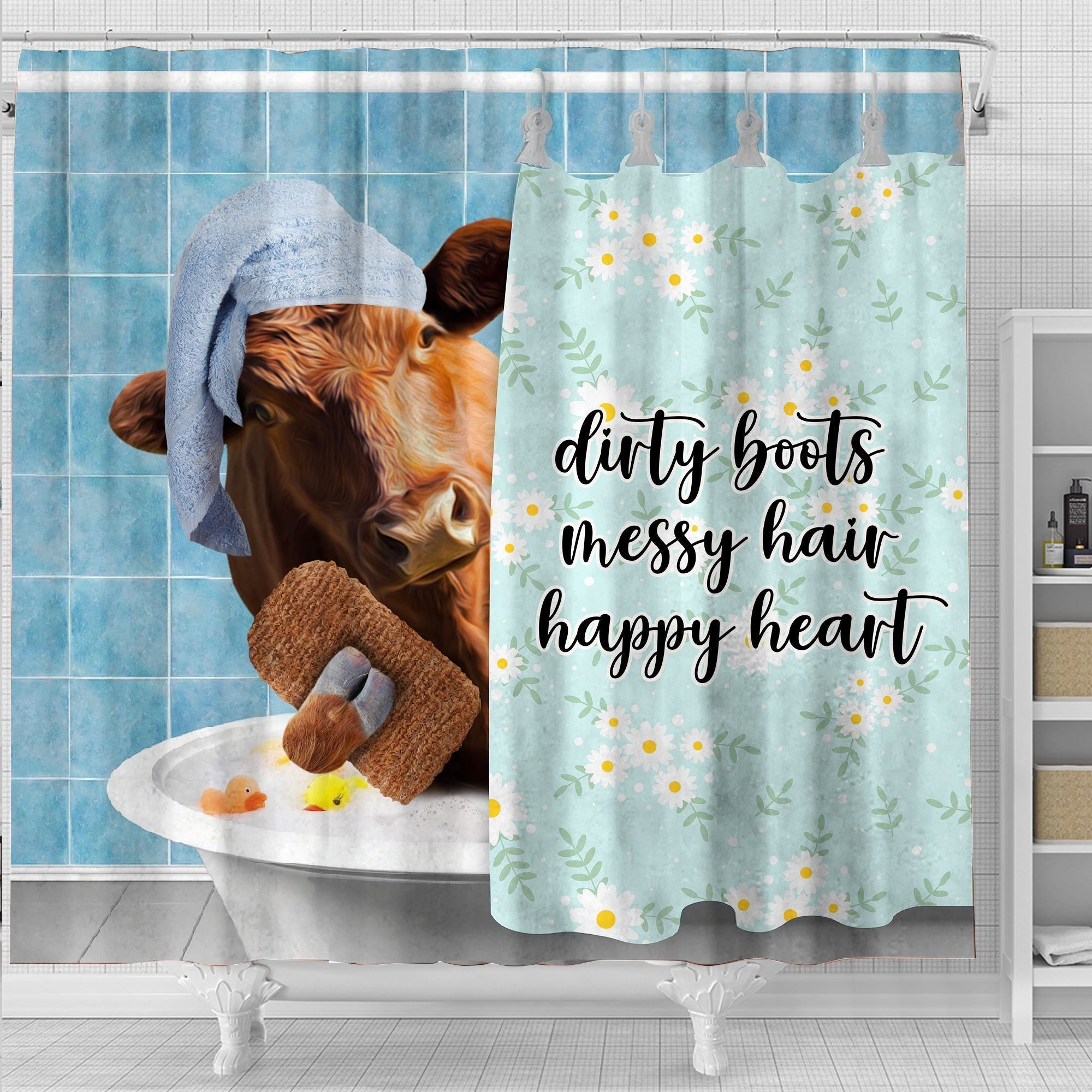 Red Angus Dirty Boots, Messy Hair, Happy Heart  3D Shower Curtain