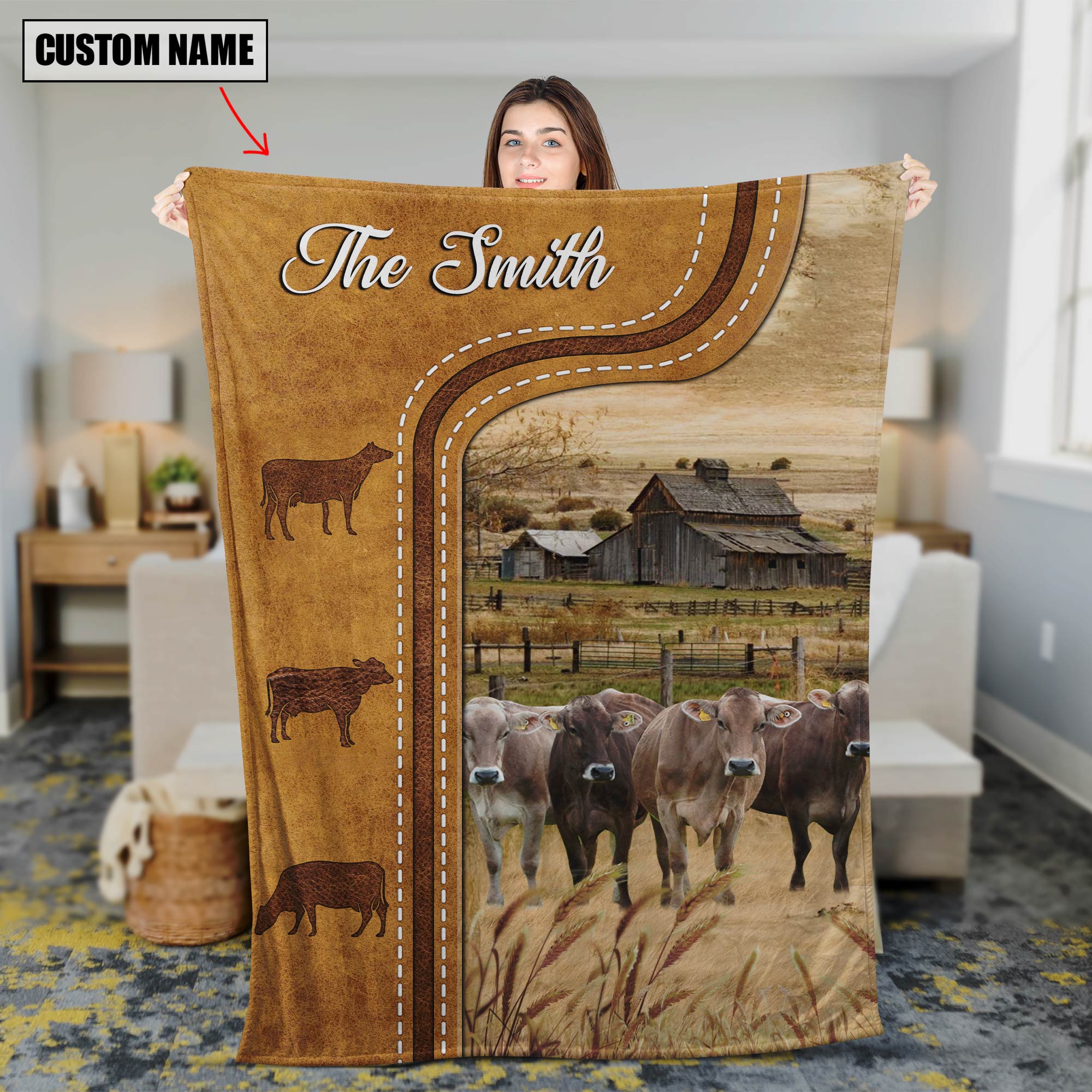 Personalized Brown Swiss Cattle In Field Farmhouse Blanket