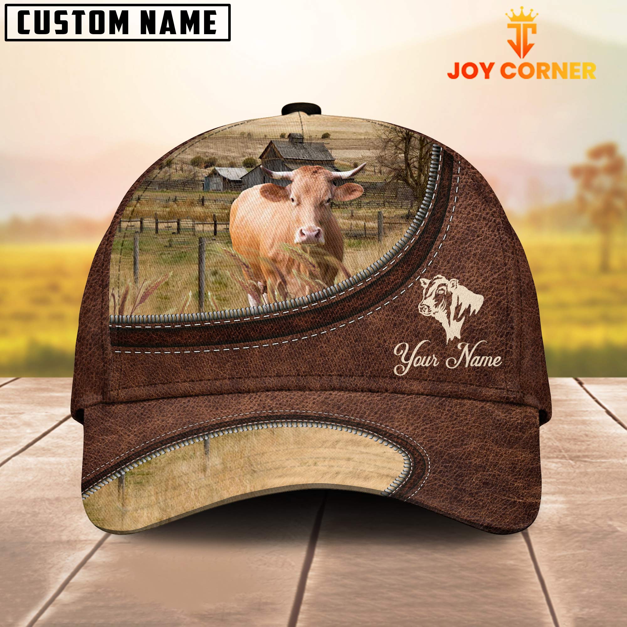 Gelbivieh On The Farm Customized Name Leather Pattern Cap