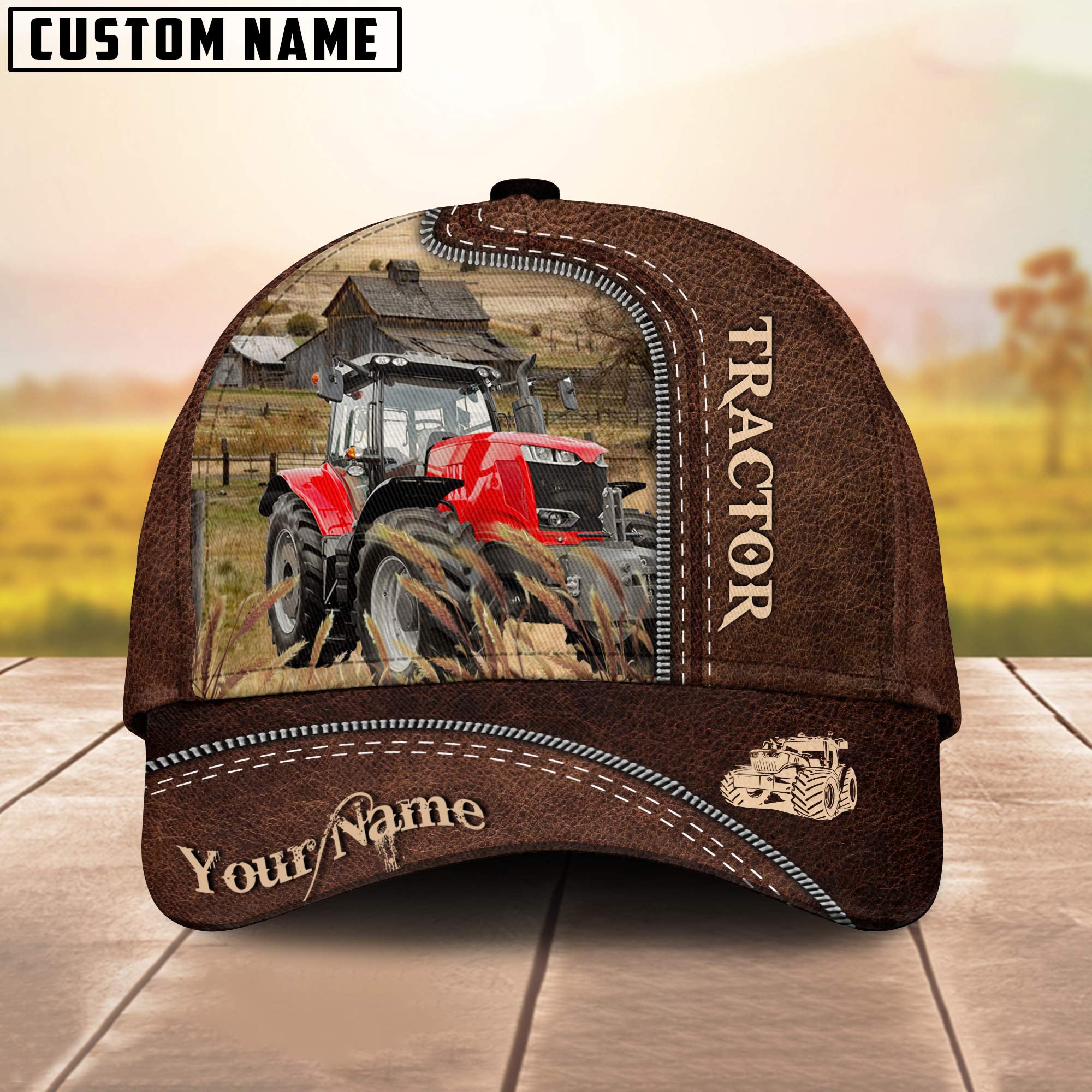 Red Tractor Customized Name Leather Pattern Cap