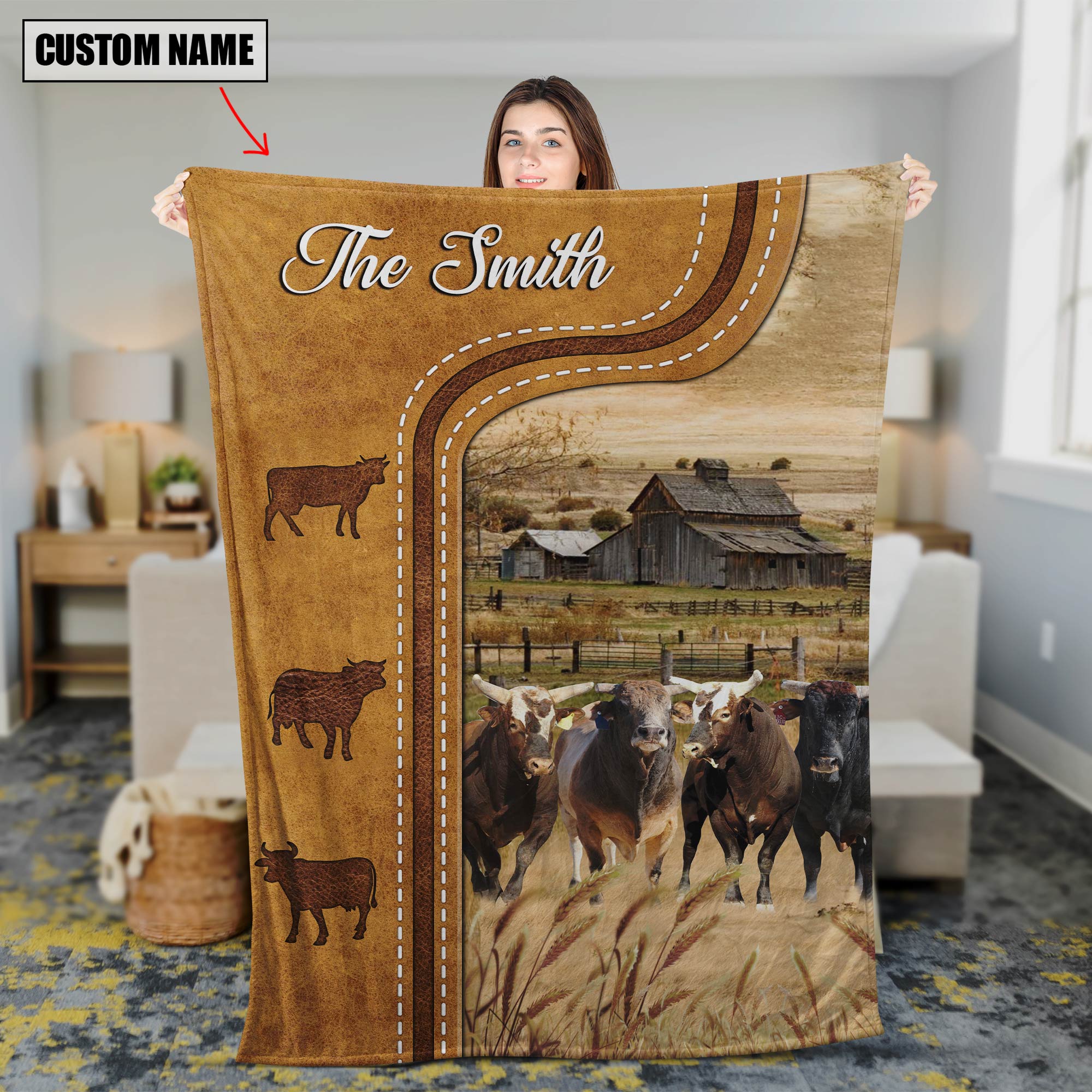 Personalized American Bucking Bulls In Field Farmhouse Blanket