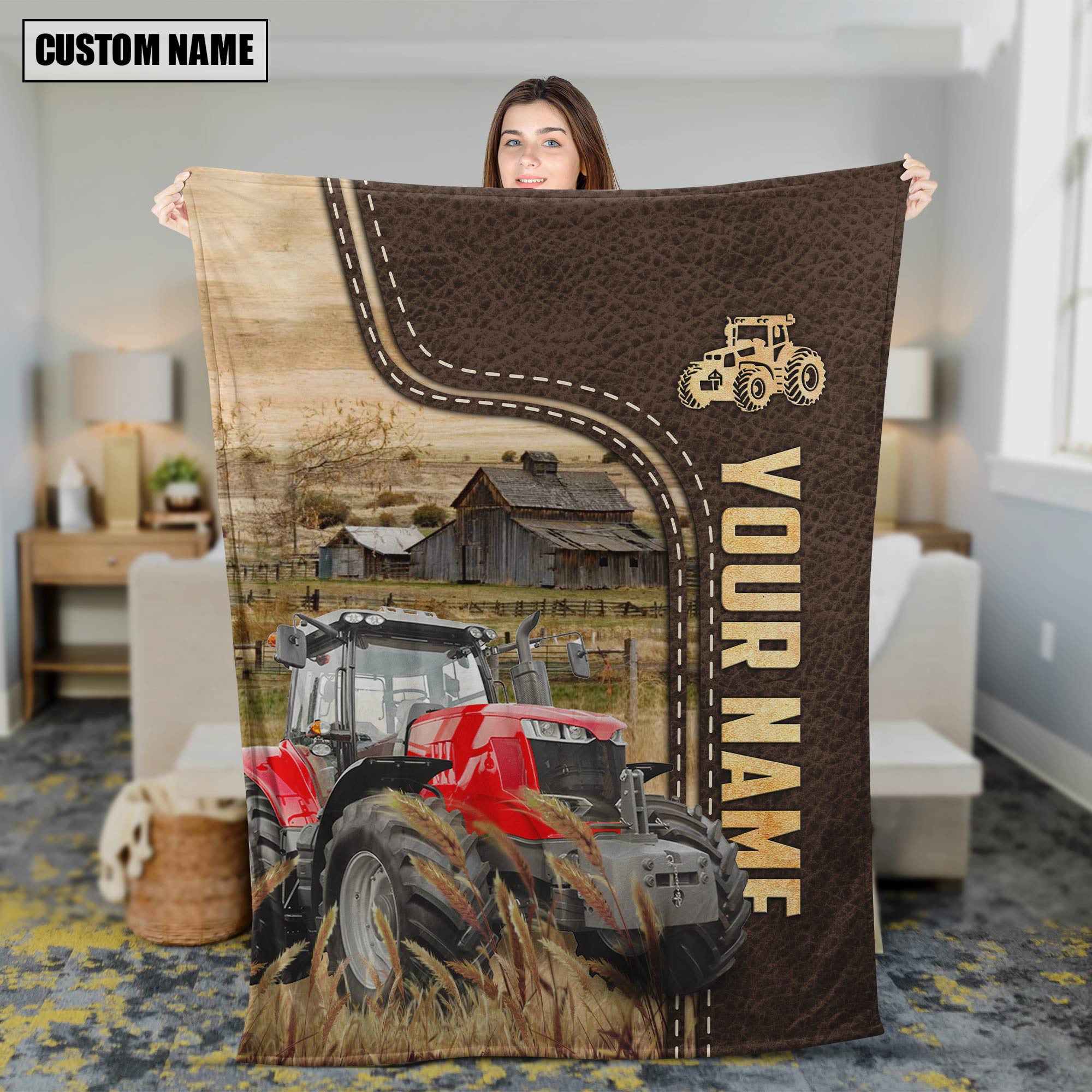 Personalized Name Red Tractor Leather Pattern Blanket