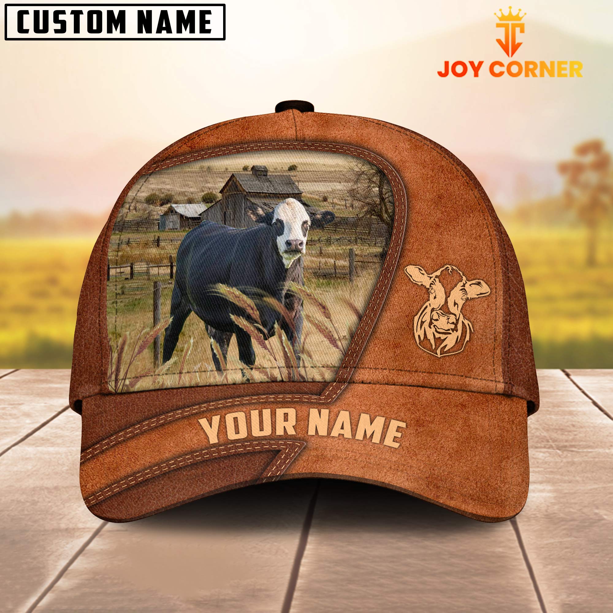 Black Baldy Customized Name Brown Leather Pattern Cap