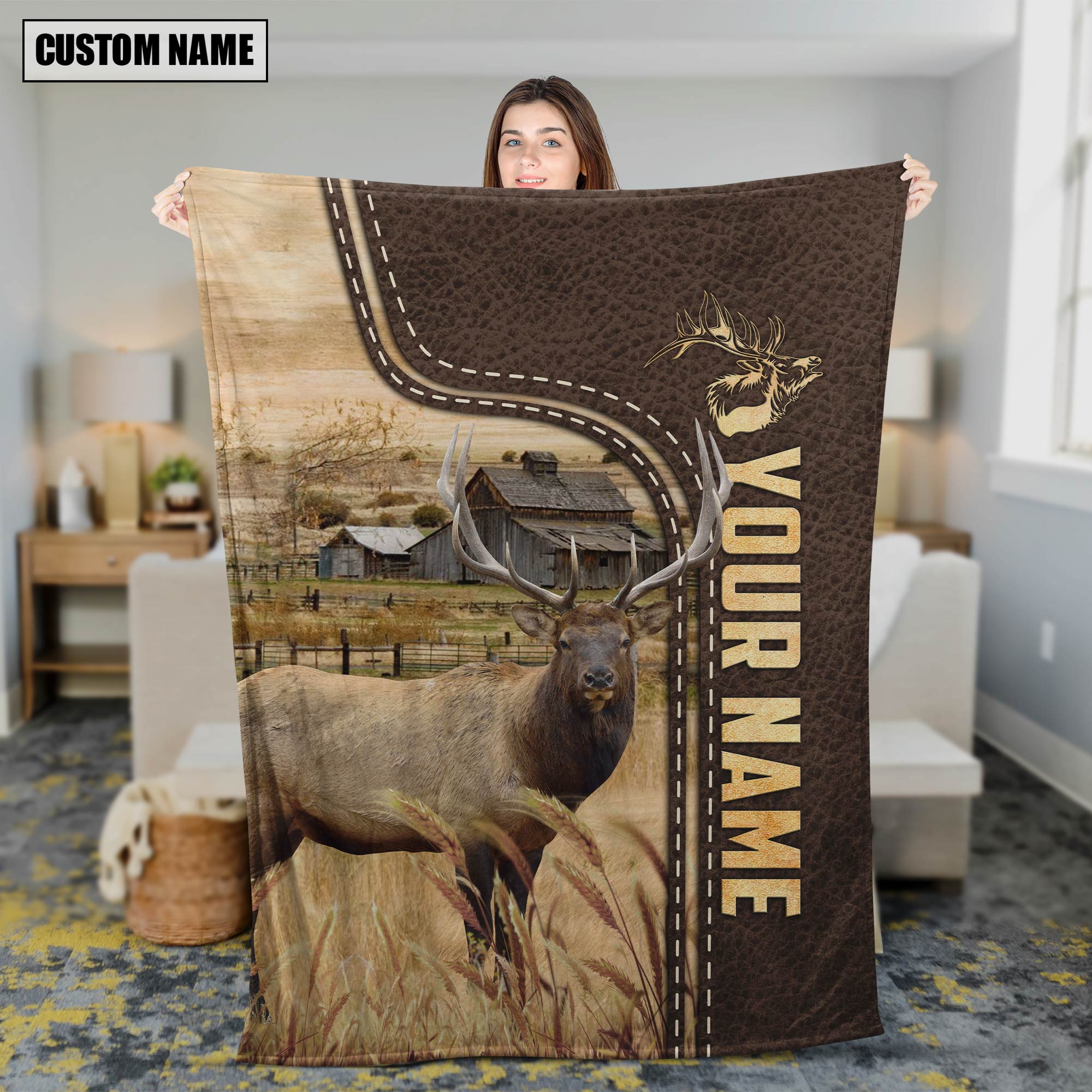 Personalized Name Elk Leather Pattern Blanket