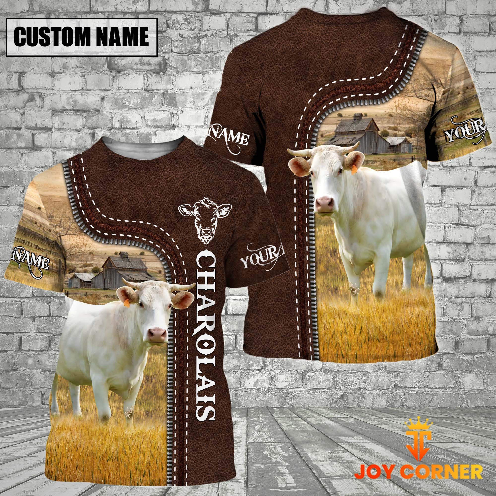 Charolais Farm Custom Name Leather Pattern T-Shirt