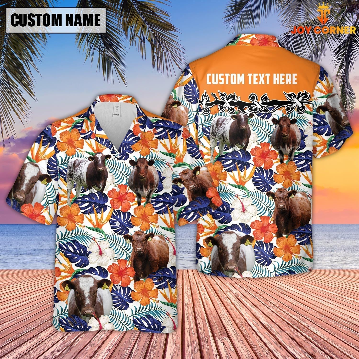 Unique Shorthorn Hibiscus Blue Floral Custom Name 3D Hawaiian Shirt