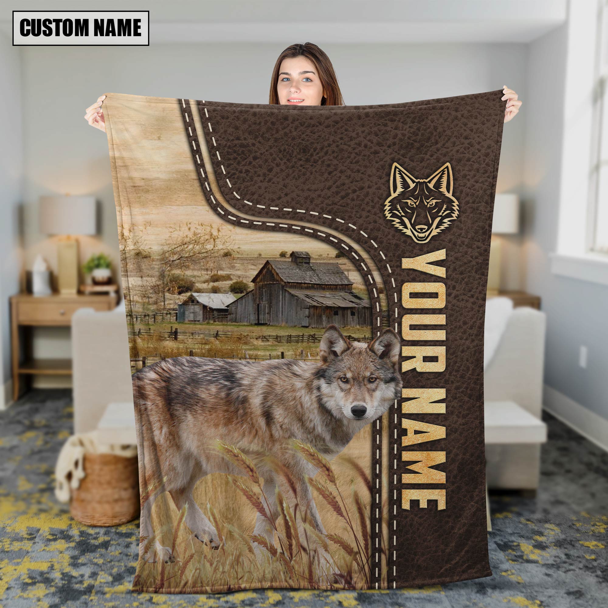 Personalized Name Coyotes Leather Pattern Blanket