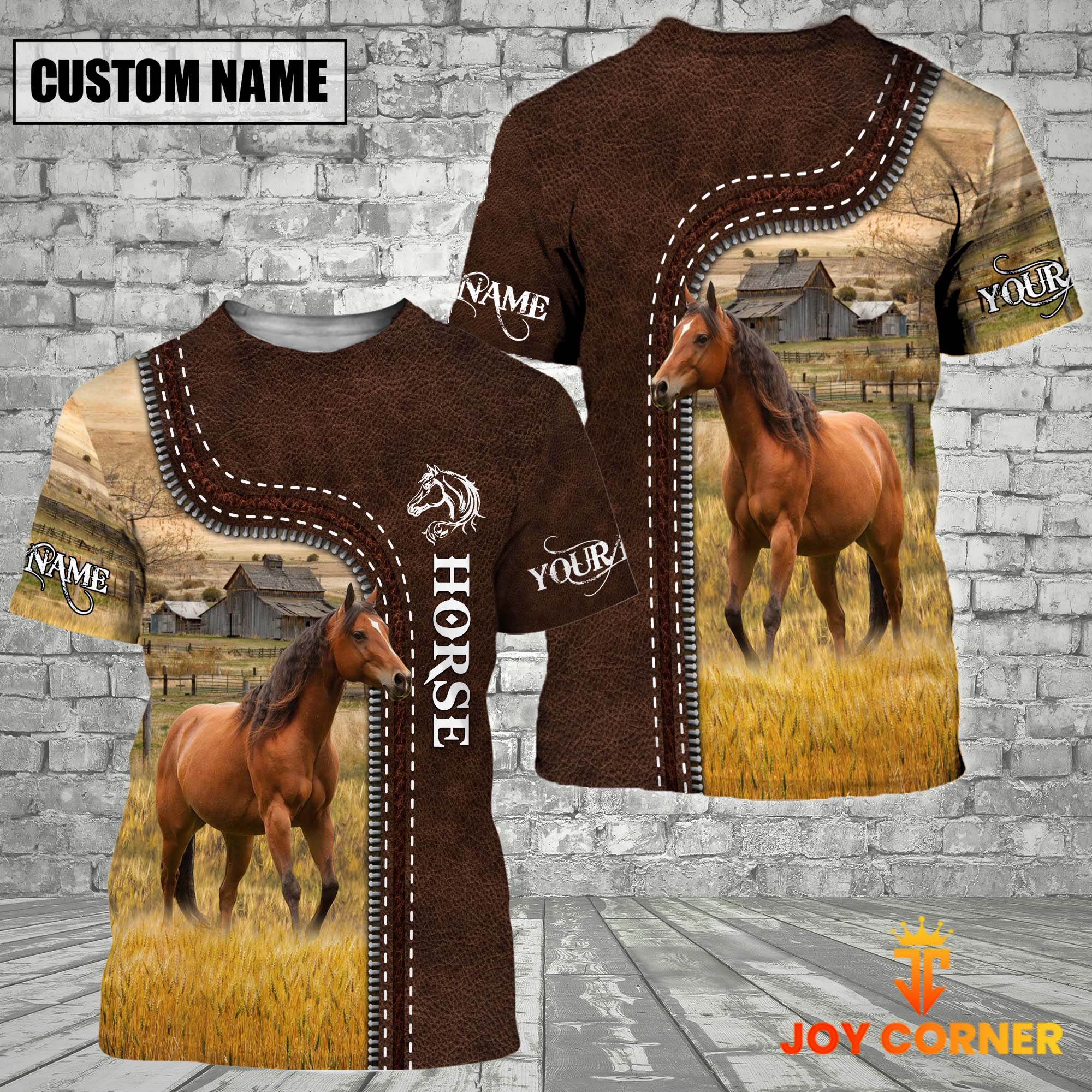 Horse Farm Custom Name Leather Pattern T-Shirt